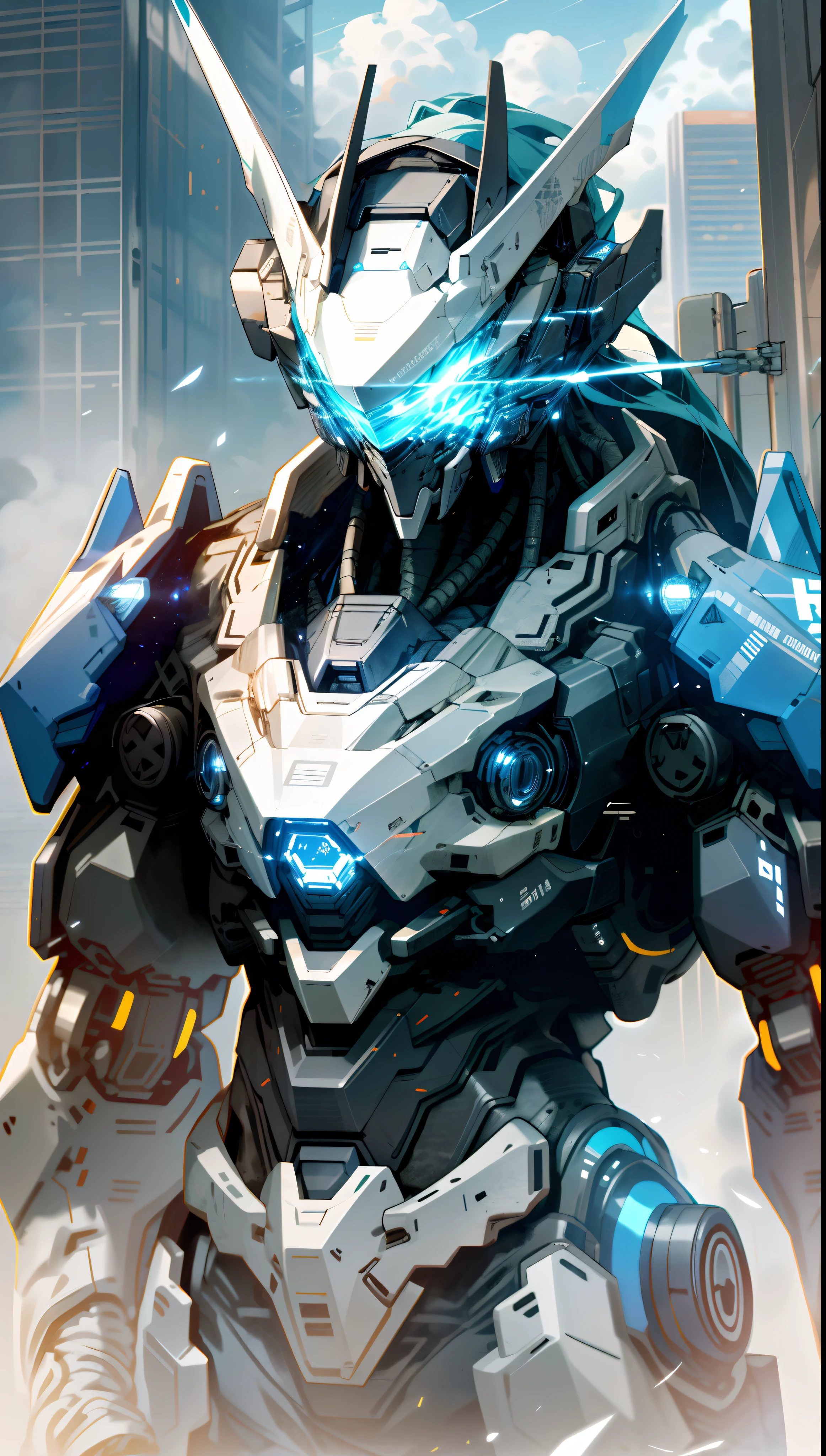 Skyscraper night sky, Cloud, Holding_arma, No_Humanity, Glow, Ninja robot, White and blue mechs,architecture, Science fiction, urban, Reality Upper body straight in front Glowing body Glowing blue eyes Broad shoulders,Sci-fi shoulders --v6