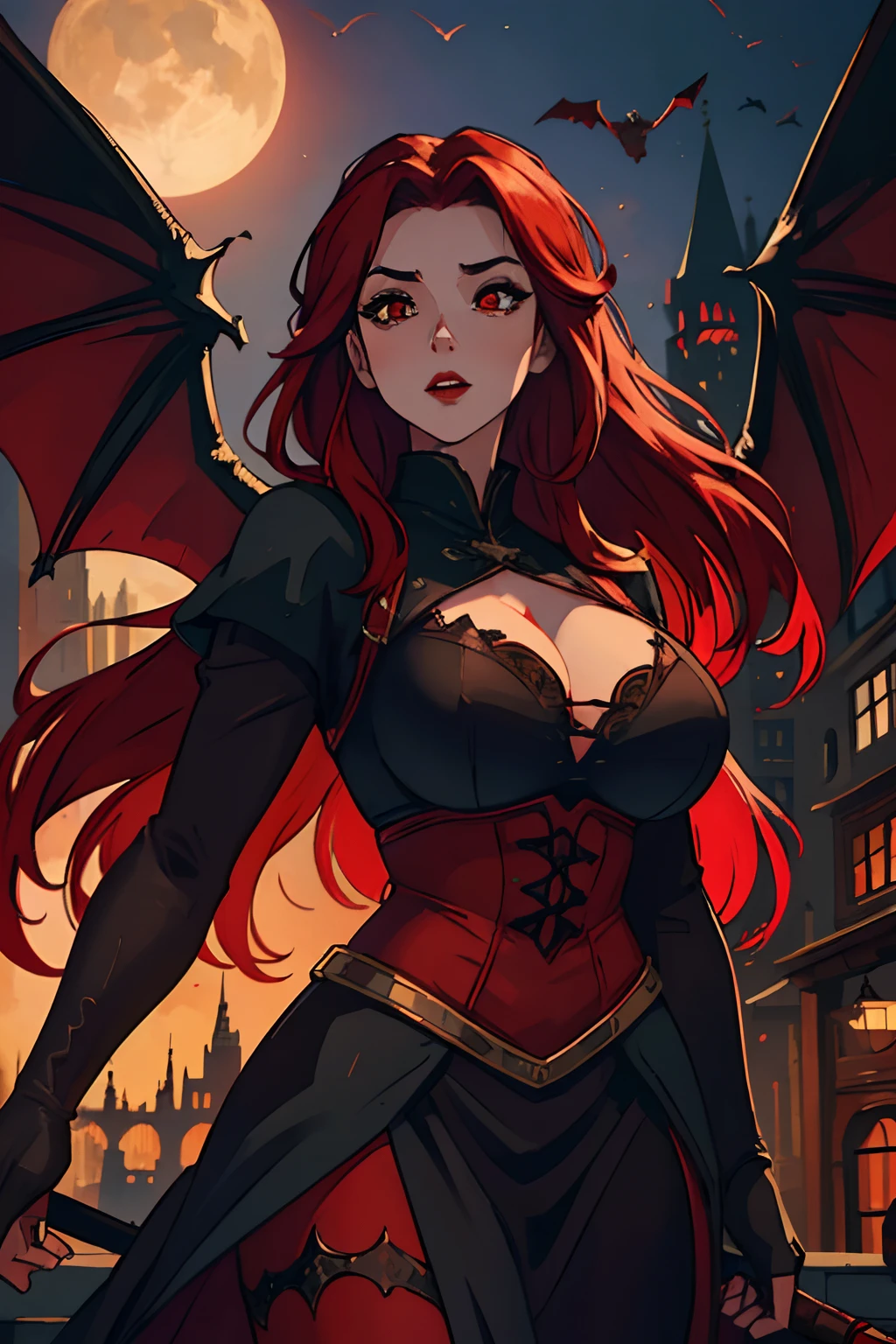 (best quality,highres,ultra-detailed),beautiful detailed red hair,beautiful detailed red eyes,beautiful detailed red lips,large bat wings,medieval attire,revealing clothing,city,night,scary,big breasts,medieval cityscape