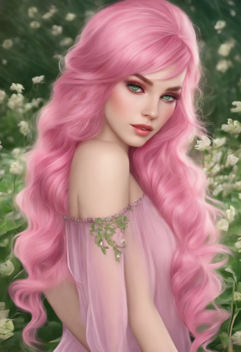 Beautiful pink hair, duckweeds and green eyes