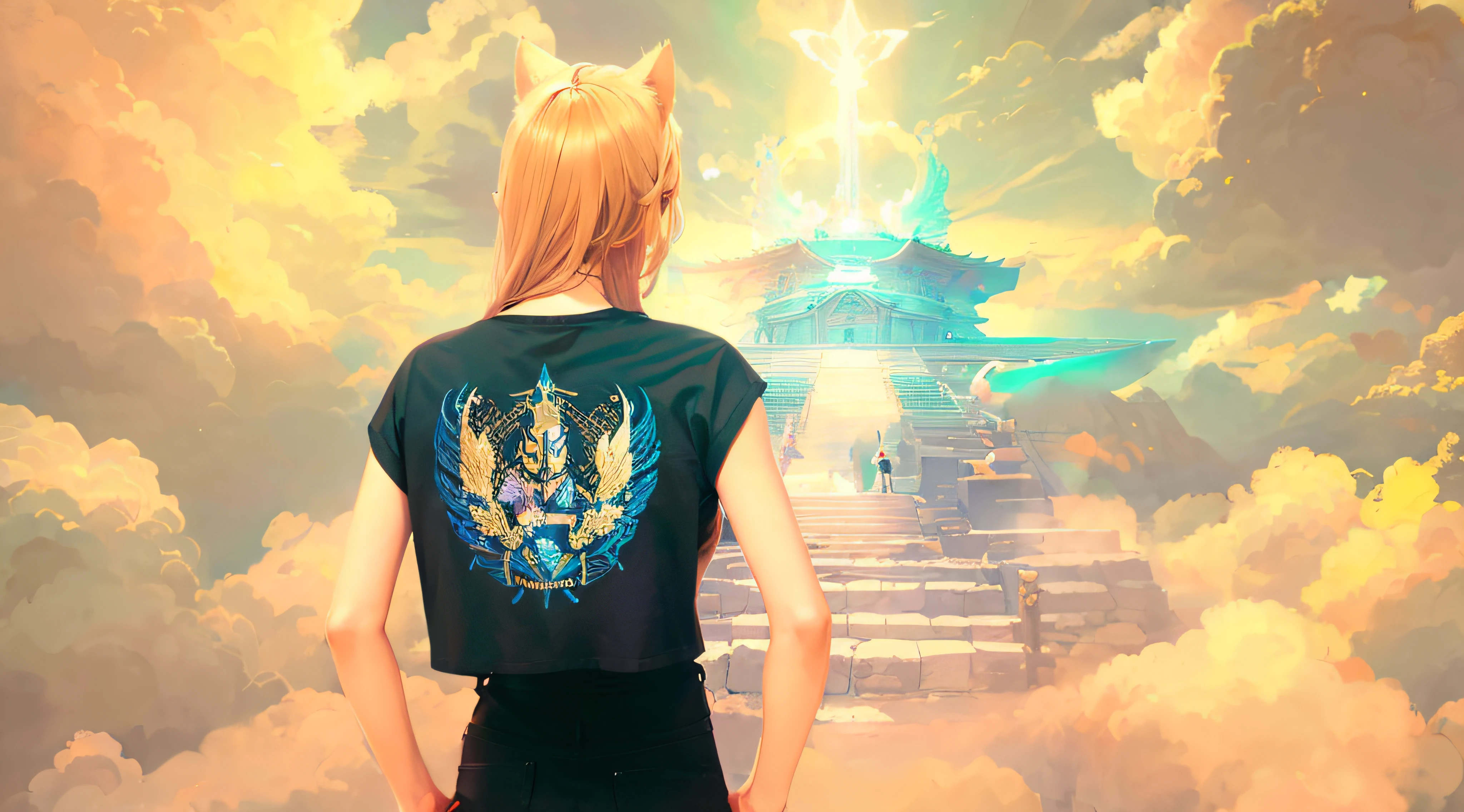 A woman with cat ears hands on blonde waist, Wearing a black cotton cropped shirt and black jeans in front of the catwalk leading to a holy temple, Scenery shrouded in clouds, nuvens de anime. super detalhado, hd, ambiente incrivel, Cinematic atmosphere.