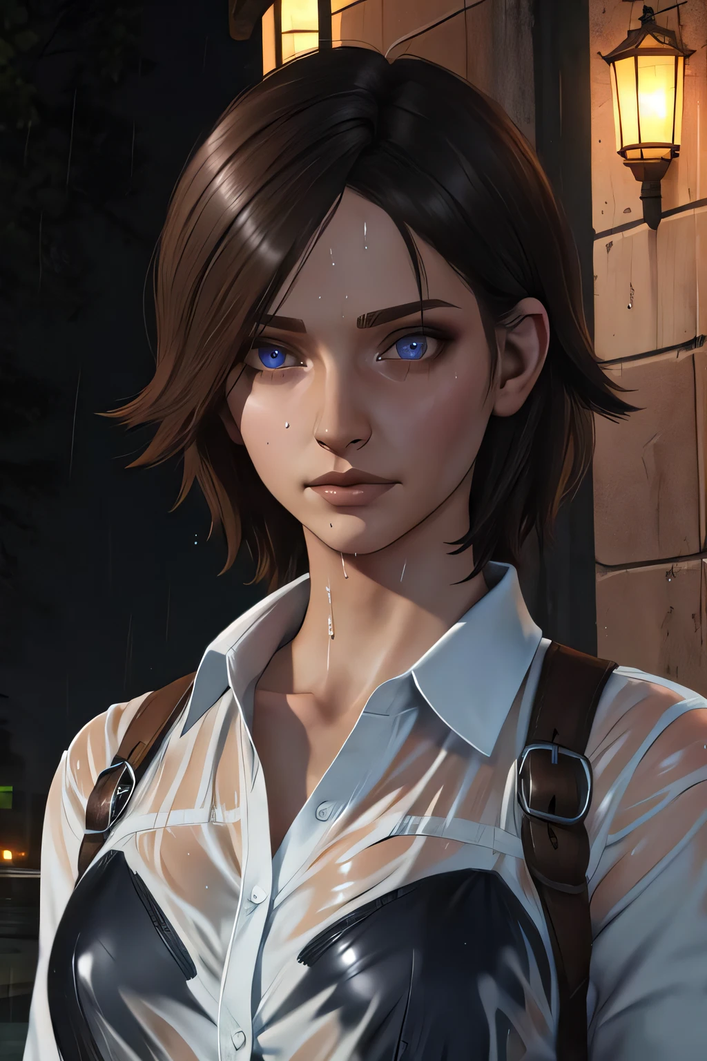 juli, short brown hair,  embarrassed,   looking at viewer, 
white shirt,  jeans,  black bra, see-through shirt, 
 upper body,  solo,   standing,  wet, 
night,  rain,  
(insanely detailed, beautiful detailed face,beautiful detailed eyes, masterpiece, best quality)