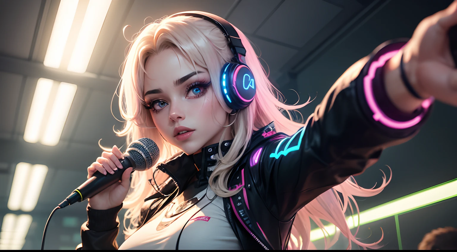 Personagem cyber punk,anime, qualidade obra prima, melhor qualidade, arte final, beleza estetica: 1.5, arte detalhada, Fundo abstrato colorido, Garota, A cor do cabelo, Branco rosado, longos e pratiados, olhos azuis claros neon. 3dio microphone