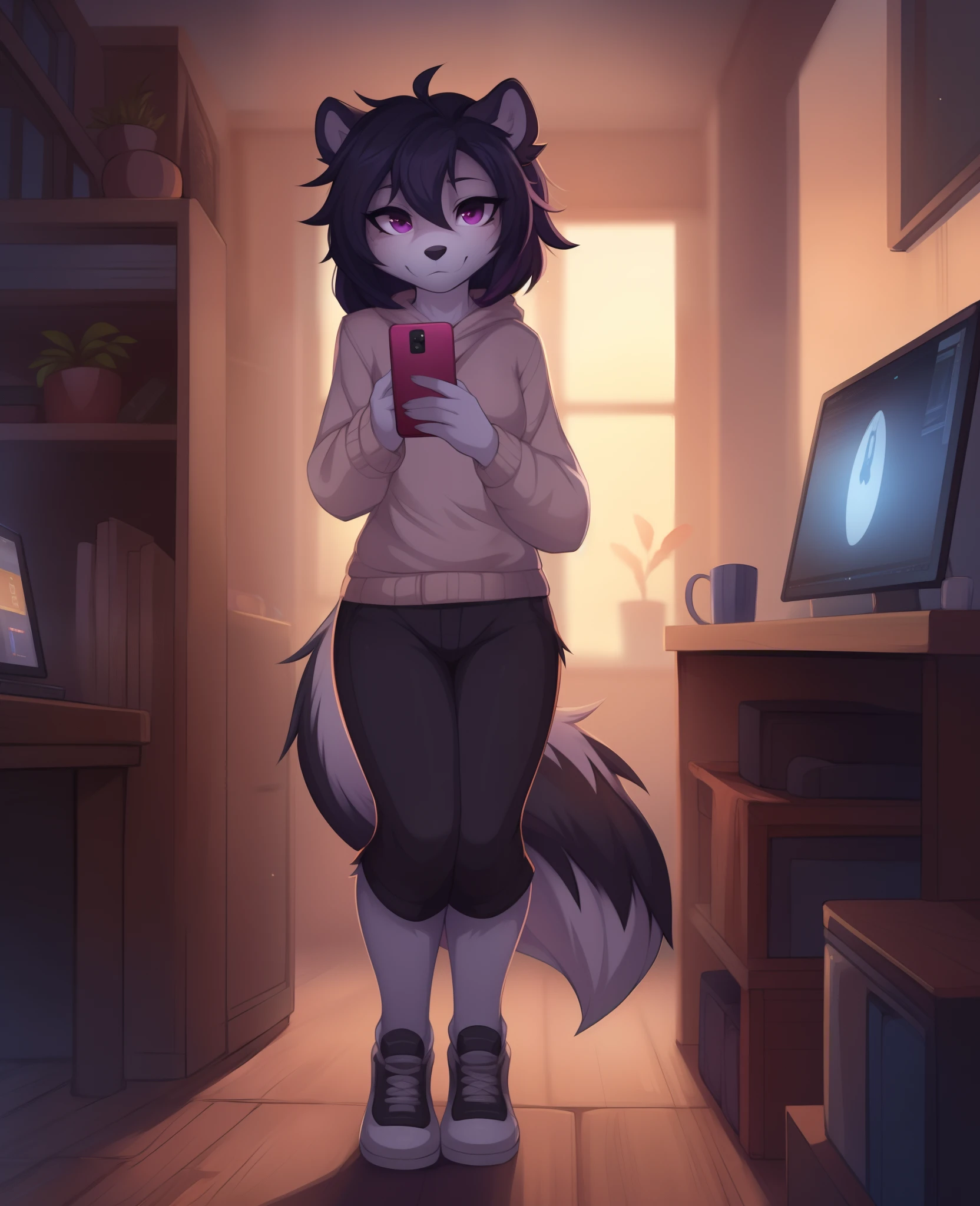 shikabane, purple fur, skunk girl, (Solo:1.3), Female Shikabane, cute face, cute body, standing in a dimly lit computer Internet cafe hallway, jitome, holding an iPhone, cellphone in one hand, (solo:1.3), highly detailed, black high top shoes, (short small cute tail:1.2), (only one cute tail:1.2), high resolution, bare legs, by hyattlen, by teranen, by fumiko, depressed, black shorts, (by Kilinah, by Coffeesoda, by Hioshiru, by Kilinah)