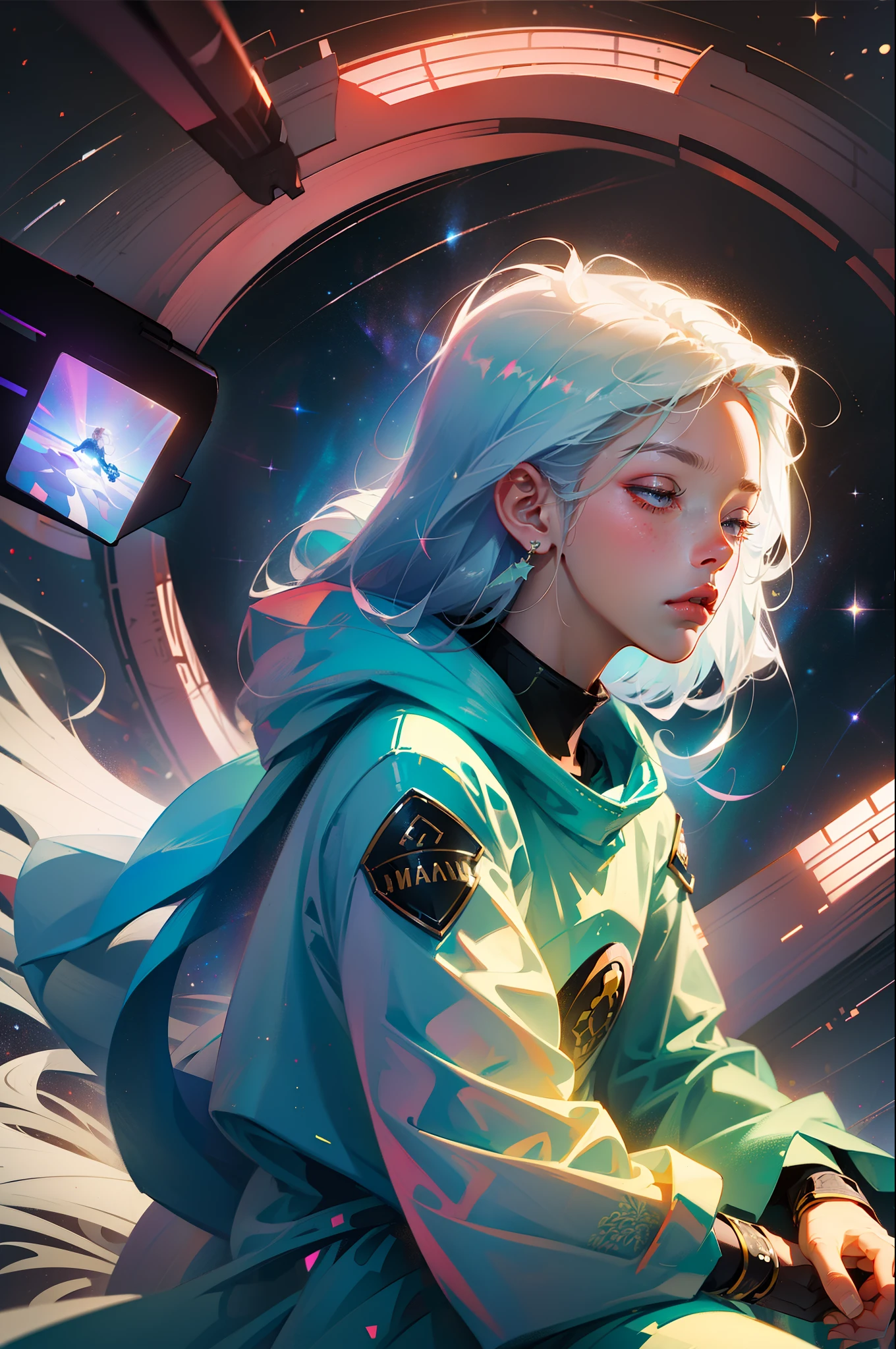 (masterpiece:1.5), ultra-detailed space, space background,(man meditating),long hair, white hair, spacesuit, size 9:16, 4k, detailed lights and reflections --auto --s2