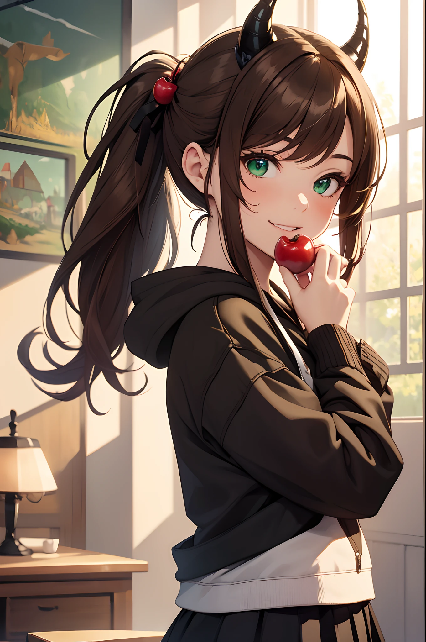 (best quality:1.2,8k,highres,masterpiece:1.2),1girl,solo,brown hair,beautiful detailed smile,green eyes,vivid colors,high quality artstyle,ultra-detailed,realistic:1.37,quality shadows,HDR,ultra-fine painting,long eyelashes,professional,ponytail, hoodie,black skirt,devil horns,eating little cherries