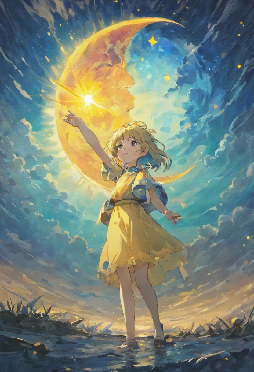 Create a sequence of images where we have the sun and the moon in oil painting style with a landscape but the two need to be together but without a person or child in the image