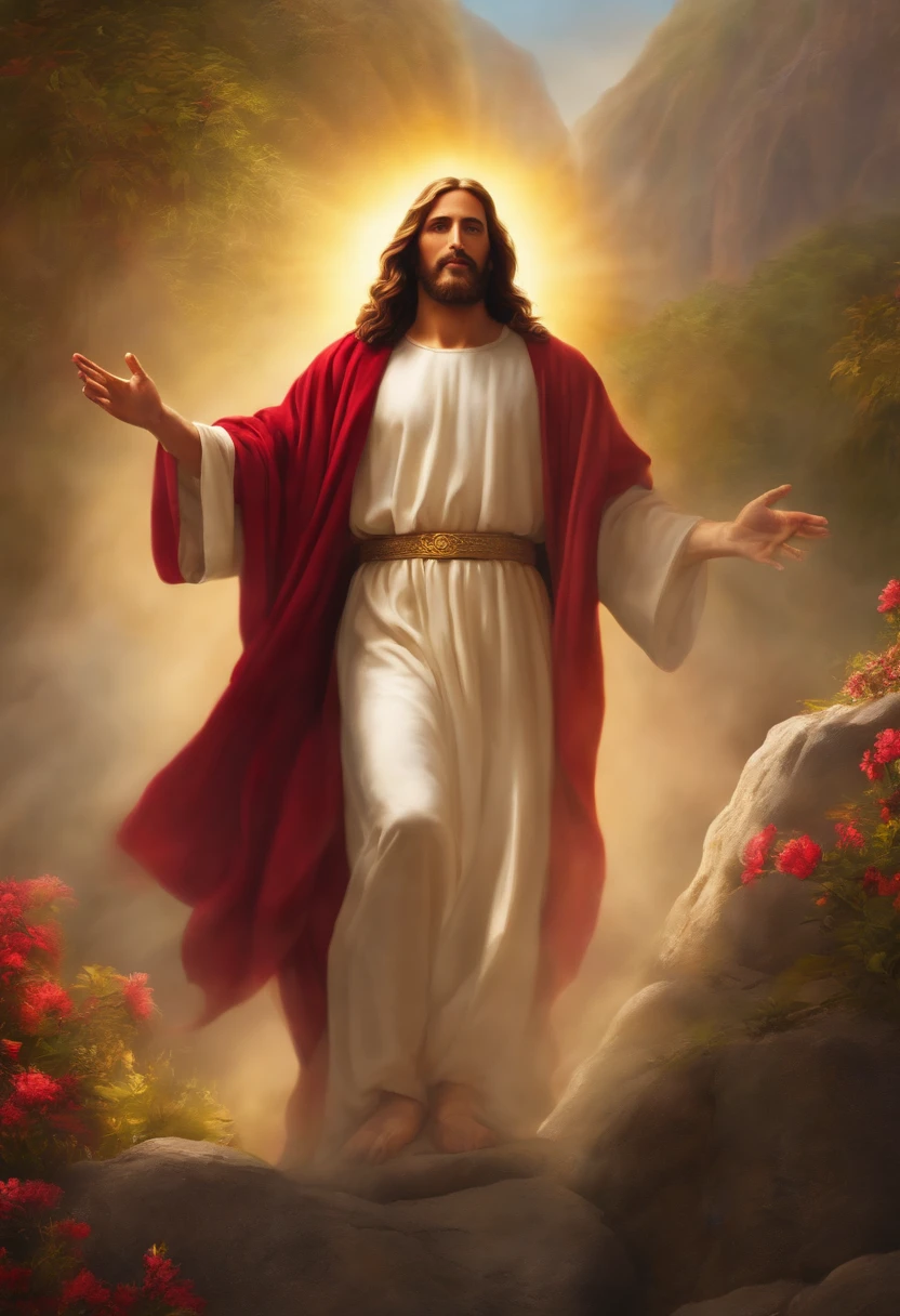 Jesus Cristo cintura para cima, olhando um pouco para o alto e alguns discipulos ao fundo