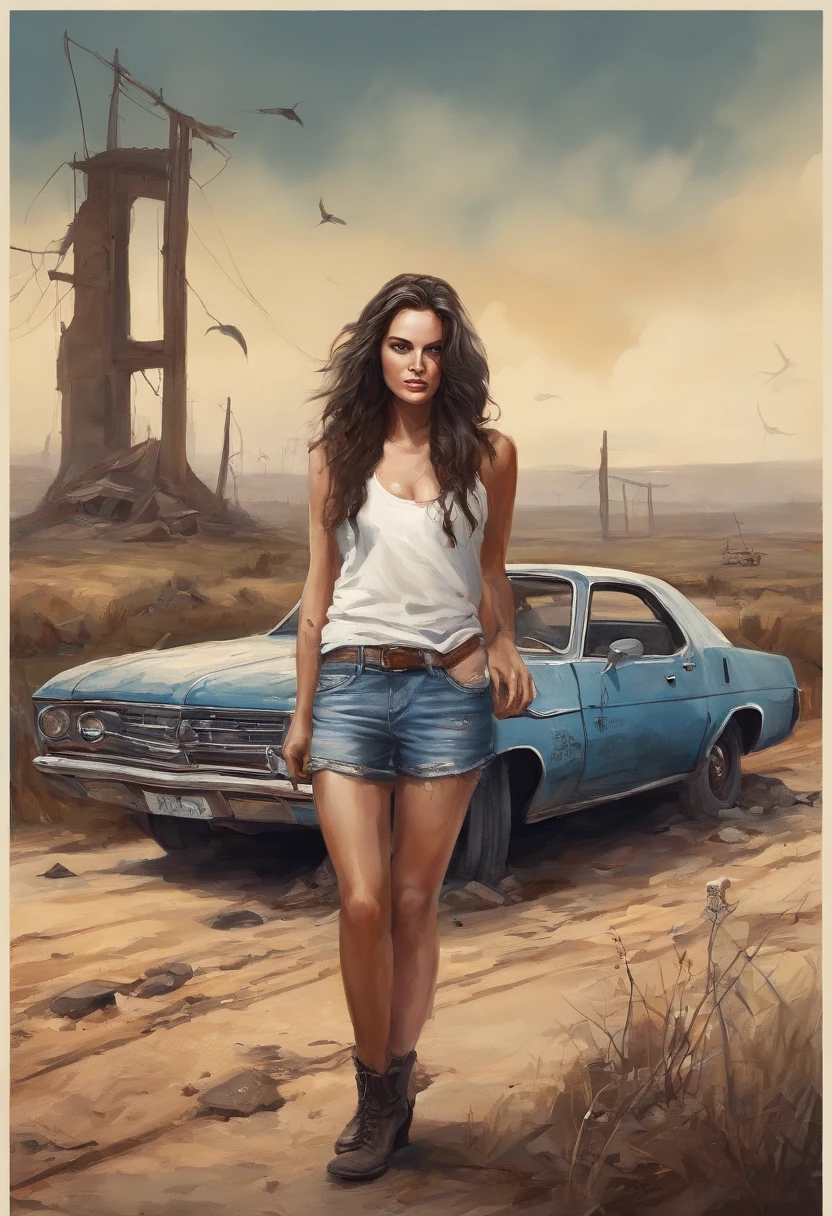 Megan Fock (Beautiful and bold, captivating and enticing, Blue eyes, pointed breast, long curly black hair, Sweaty body, Open Shirt, Short shorts, Me, boot, thick legs, huge tit, Young Girl, Young Face). (Deserted road, Dirt road, Blood, Smoke, Place the car, newspaper, Abandoned objects, Bodies lying on the ground, Abandoned roads, Apocalyptic landscape, Cinematic Effects), (Best Quality, masutepiece, depth of fields, Full-HD, 4K, richness of detail). Portrait Style