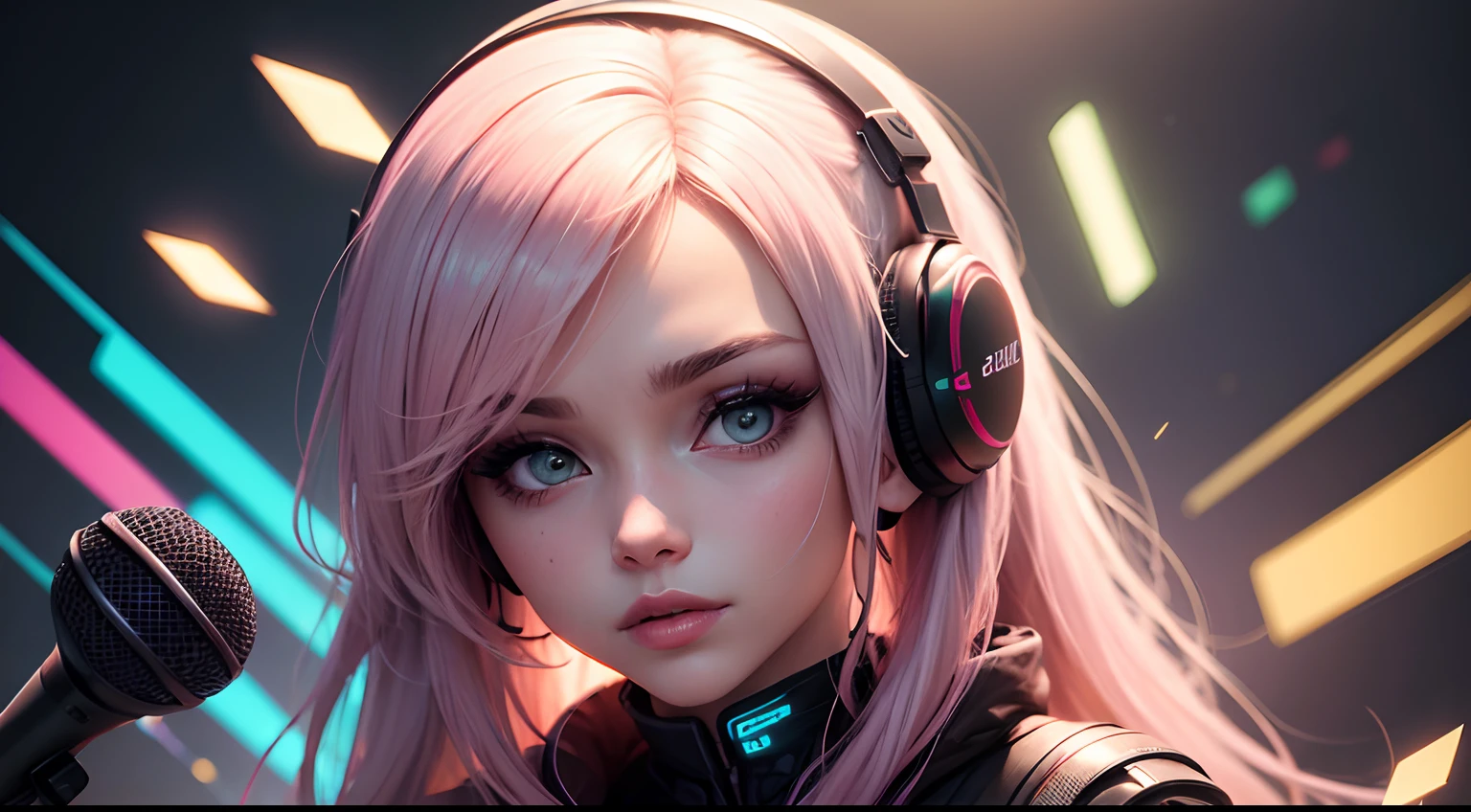 Personagem cyber punk,anime, qualidade obra prima, melhor qualidade, arte final, beleza estetica: 1.5, arte detalhada, Fundo abstrato colorido, Garota, A cor do cabelo, Branco rosado, longos e pratiados, olhos azuis claros neon. 3dio microphone, asmr