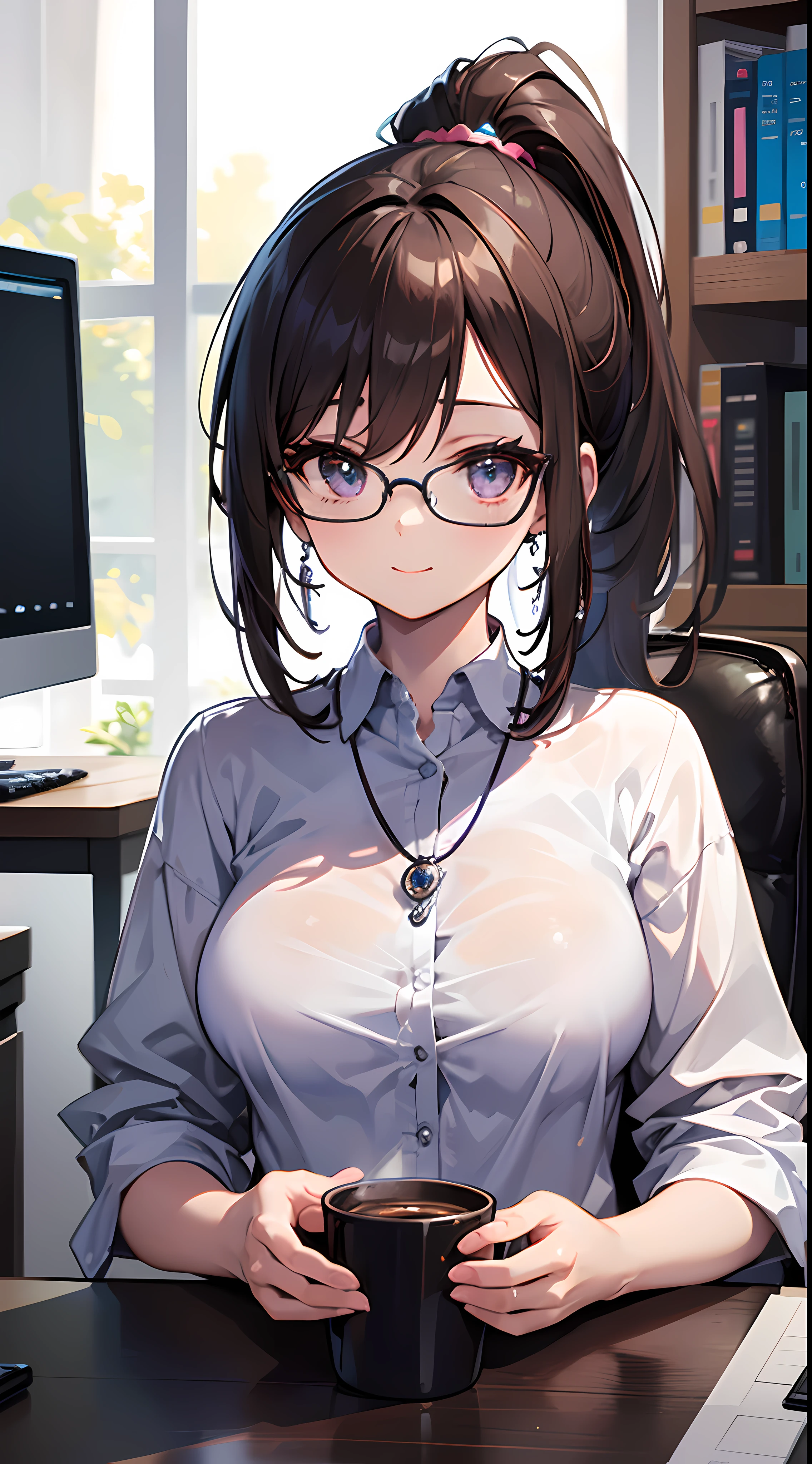 ((masterpiece)), ((best quality)), (ultra-detailed), ((kawaii)), cute, (lovely), ((sexy)), (ero), ((extremely detailed)), 4K, (8K), best quality, (beautiful), anime style, upper body, focus on the face, full body focus, office, personal computers, morning, a cute girl, 1girl, solo, suit, beautiful light brown hair, beautiful purple eyes, ((beautiful eyes)), white-skinned, ponytail, transparent hair, translucent hair, large breast, glasses, earrings, necklace, cup, coffee, light smile, lens flare, reflection effect