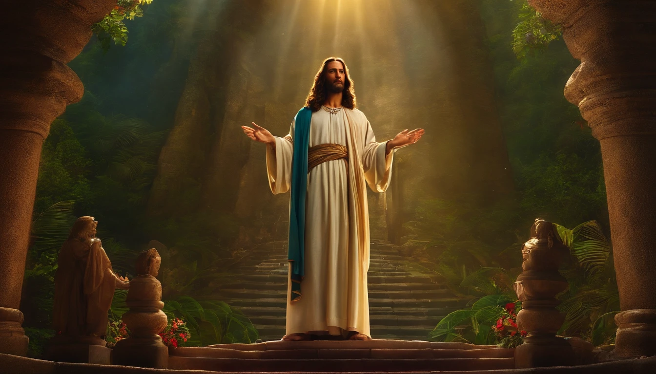 Jesus Cristo perto, olhando um pouco para o alto e alguns discipulos dele ao fundo