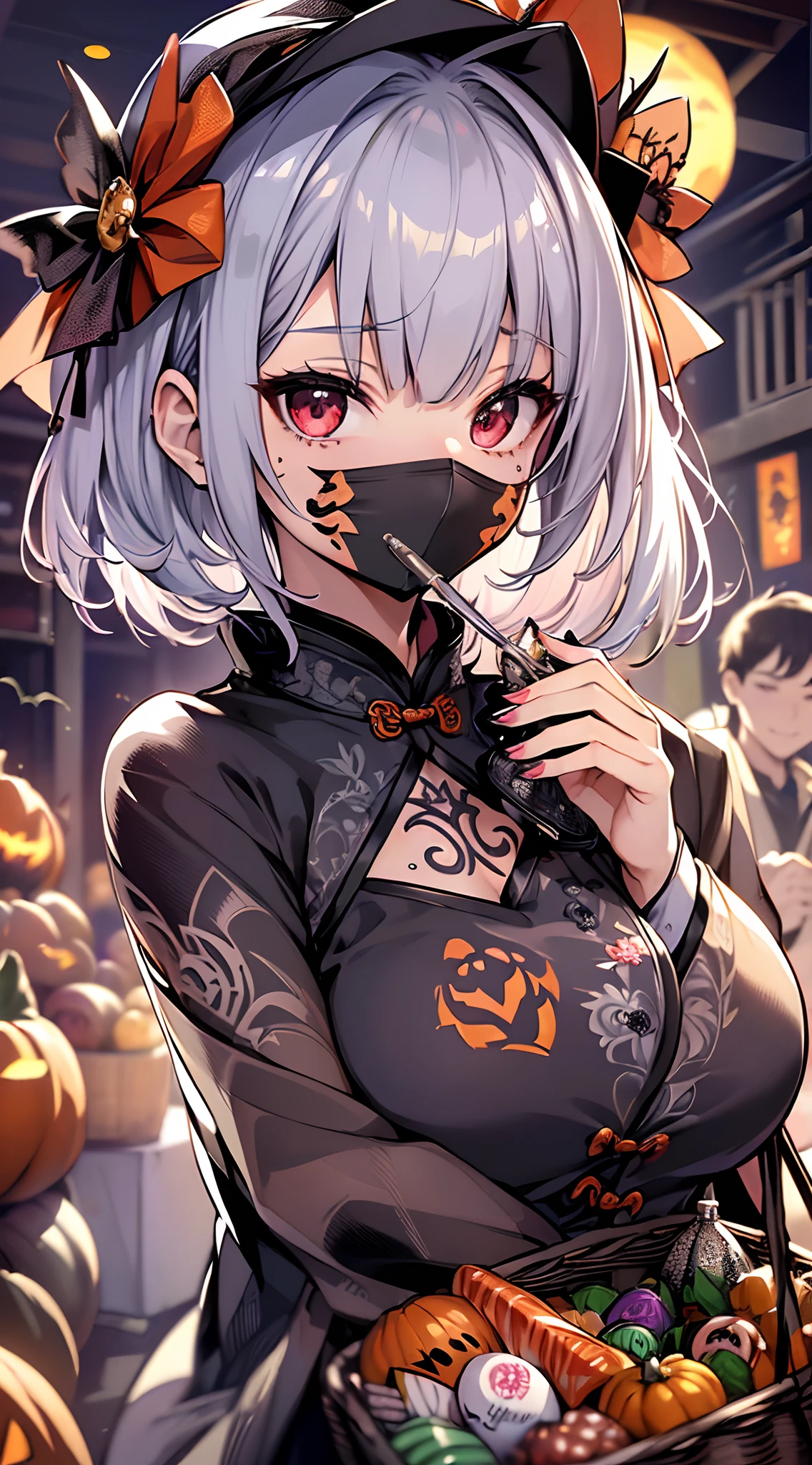 top-quality、Top image quality、in 8K,4K,masterpiece、(NSFW:1.1)、ultra-detailliert、Beautiful、ultra-quality、adult-like、Cool、girl with(((18year old、Halloween Costumes、Cheongsam 1:6、Holding sweets in a basket、Bust 78、silber hair、a short bob、Red Eyes、erotick:1.4、Happiness、The tattoo)))、hiquality、visualart、Background with((Halloween 1.5))、masutepiece