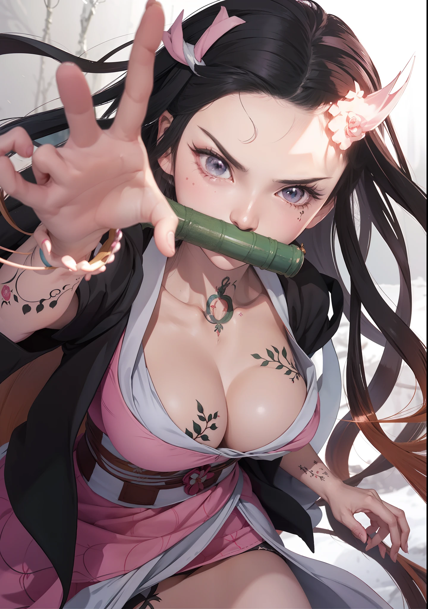 uma mulher com cabelos longos e um top rosa, Nezuko, Nezuko-chan, estilo de arte demon slayer, tatuagem de folha percorre o corpo, personagem de anime feminino, Demon Slayer rui fanart, empunhando kunai, Marin Kitagawa Fanart, arte de anime limpa e detalhada, uma mulher berserker muito bonita, por Kamagurka, corpo perfeito, seios enormes a mostra, mamas saindo da roupa, ((pay attention to the details of Nezuko kamado from demon Slayer)) garota perfeita deusa da beleza,