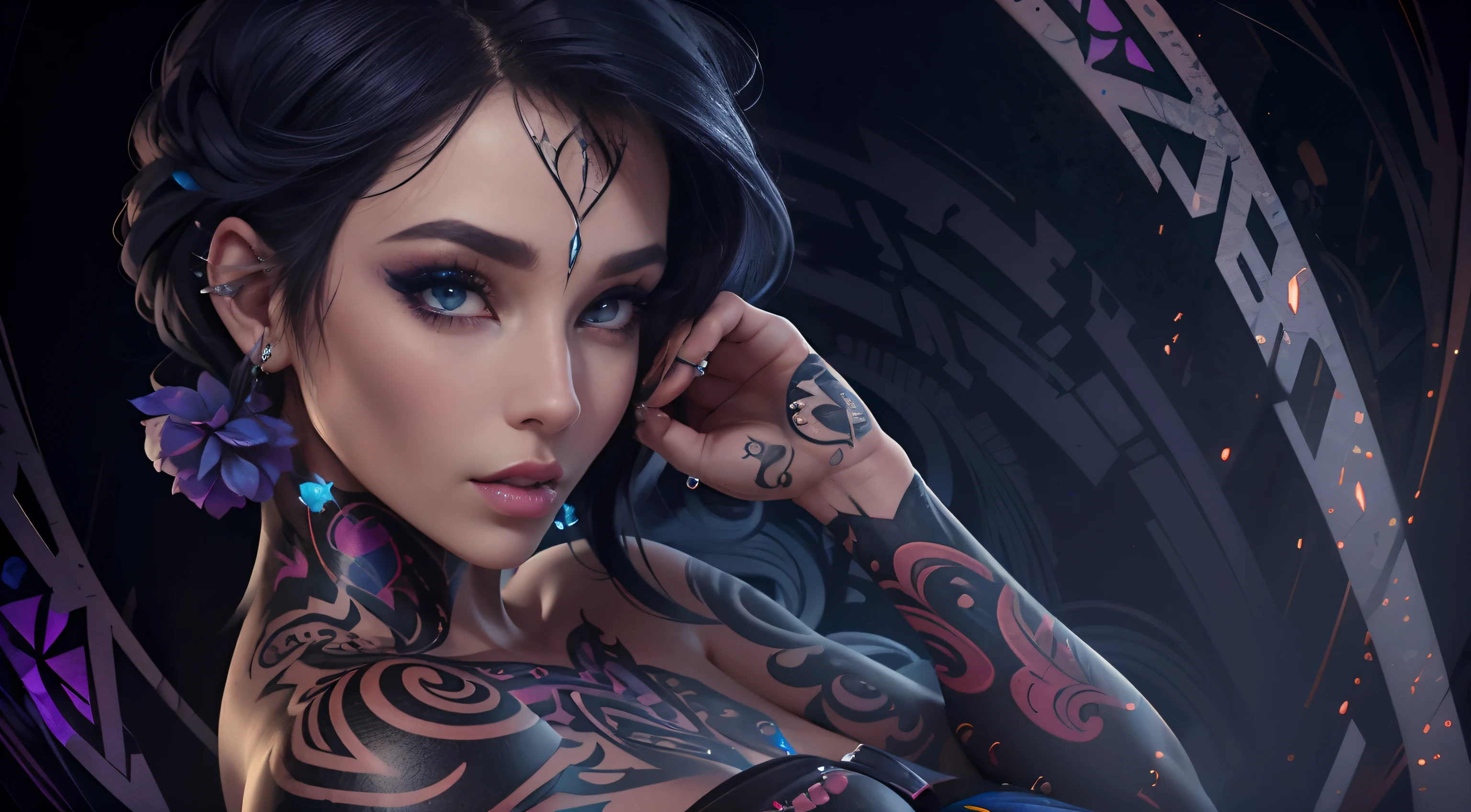 Hyper photo realistic epic Realism CG 8K, Hr giger tattooed sexy seductive 1 solo dead girl ,hyper realistic detailed perfect face, hyper detailed neon sapphire eyes, full body view,