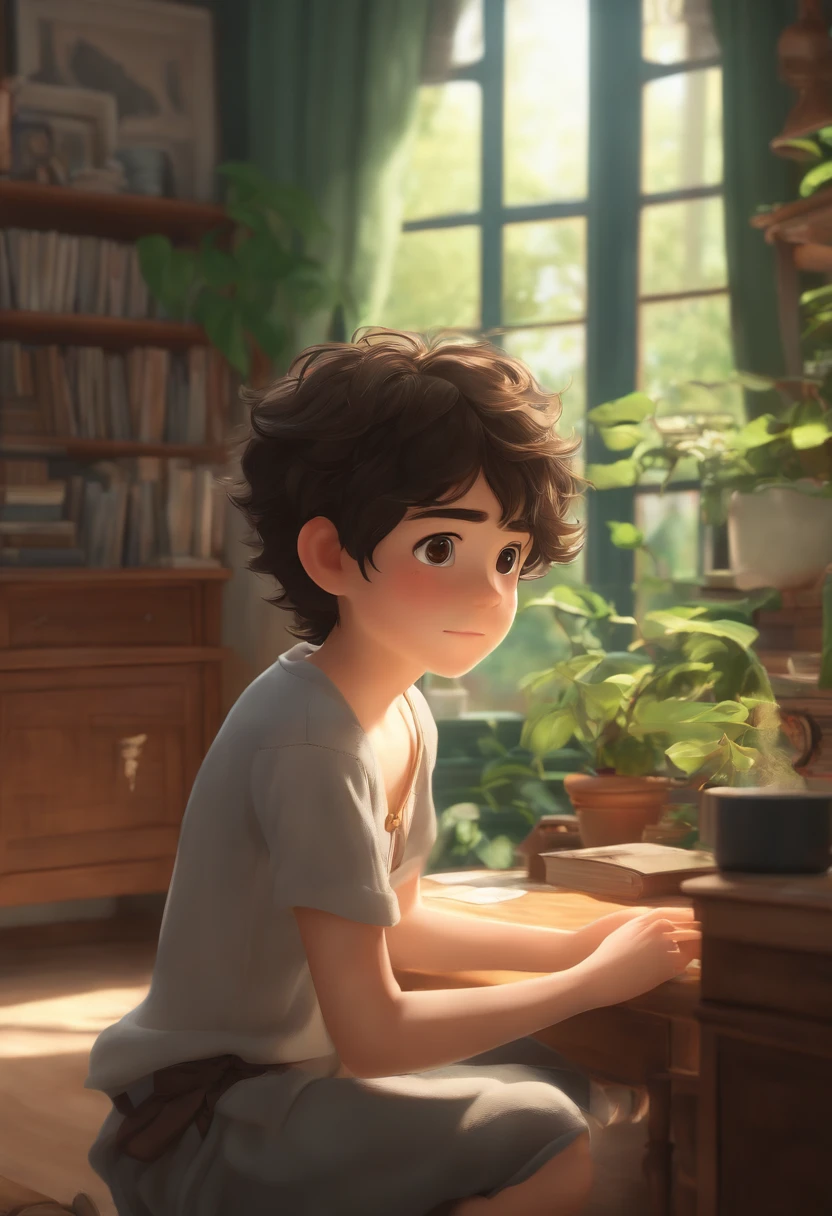 (best quality,4k,8k,highres,masterpiece:1.2),ultra-detailed,(realistic,photorealistic,photo-realistic:1.37), A boy with black, wavy hair in his room, anime studio Ghibli, anime art, detailed hair, detailed eyes, detailed lips, Ghibli version of Studio Ghibli anime, 19 year old boy, Ghibli-inspired background, dreamlike atmosphere, magical lighting, vibrant colors, anime style shading