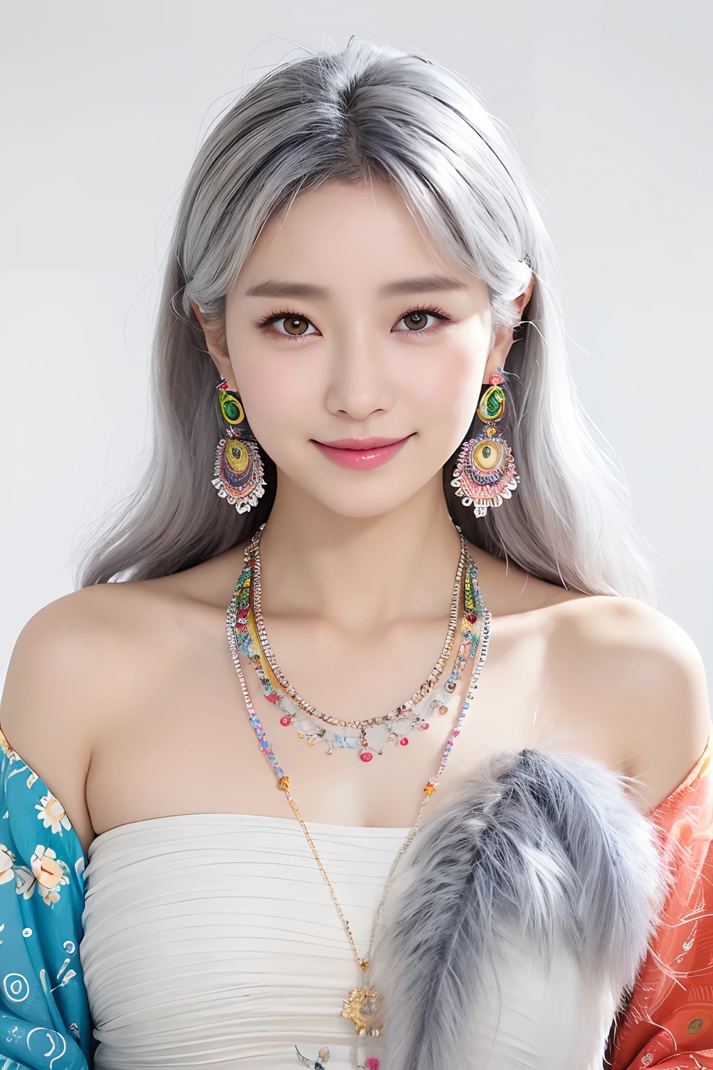 (extra detailed body、extra detailed face、best qualtiy:1.2)、femele、looking at the viewers、(Korean actress、White and gray gradient hair color、a smile、Earrings of bird feathers up to the shoulders、a necklace、hippy、colourful clothes)、(Aozora in the background)