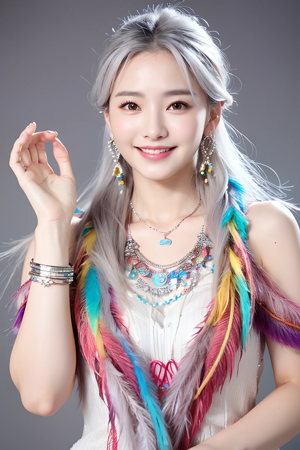 (extra detailed body、extra detailed face、best qualtiy:1.2)、femele、looking at the viewers、(Korean actress、White and gray gradient hair color、a smile、Earrings of bird feathers up to the shoulders、a necklace、hippy、colourful clothes)、(Aozora in the background)