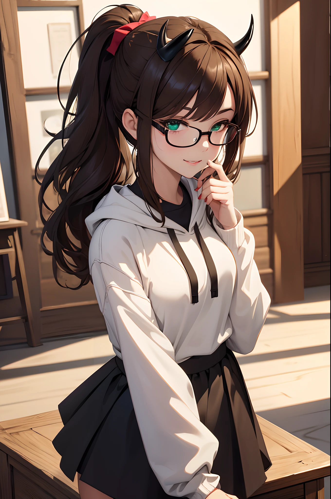 (best quality:1.2,8k,highres,masterpiece:1.2),1girl,solo,brown hair,beautiful detailed smile,green eyes,vivid colors,high quality artstyle,ultra-detailed,realistic:1.37,quality shadows,HDR,ultra-fine painting,long eyelashes,professional,ponytail, hoodie,black skirt,devil horns,holding cherry, black glasses