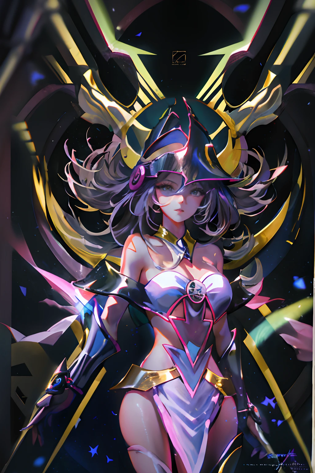 cuerpo completo,Ultra-high saturation，（tmasterpiece）， Foto de cuerpo completo，（Mejor calidad）， （1girll dark magician girl）， Starryskybackground，Usando armadura dorada brillante， Sexy lingerie armor，Exponga su pecho，Exponer la cintura，Exponer los muslos，pose fresca， Armadura Saint Seiya， cabello desordenado，Alto detalle, Anime style, cinematic lighting, destellar, Luz de Dios, Trazado de rayos, movie grain, hiper HD, textura piel, Super details, Anatomically correct, A high resolution，Ultra-high saturation，alto contraste，Armadura de alto brillo，Piel suave，Expresiones serias, dim room, dark magician girl