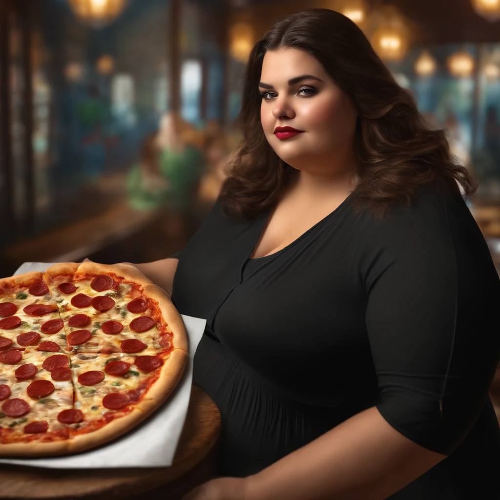 Retrato realista, High resolution very fat woman, obesa, alegre, Shy, olhando para visualizador, comendo pizza