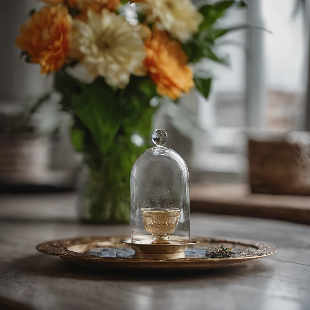 Uma mesa de cabeceira, surrounded on three sides by a lacy copper grille, it would support a silver candlestick topped with a light gray silk dome, a small quadrangular clock, a rose inside a stemmed glass and, sobre a prateleirinha inferior, jornais dobrados, algumas revistas