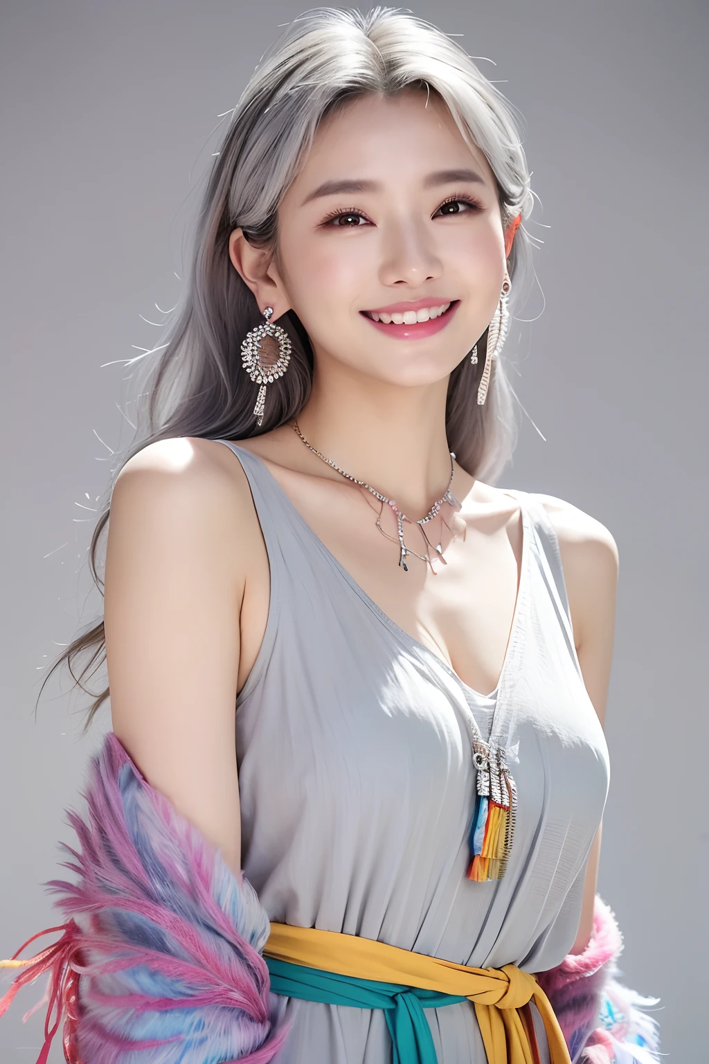(extra detailed body、extra detailed face、best qualtiy:1.2)、femele、looking at the viewers、(Korean actress、White and gray gradient hair color、a smile、Earrings of bird feathers up to the shoulders、a necklace、hippy、colourful clothes)、(Aozora in the background)