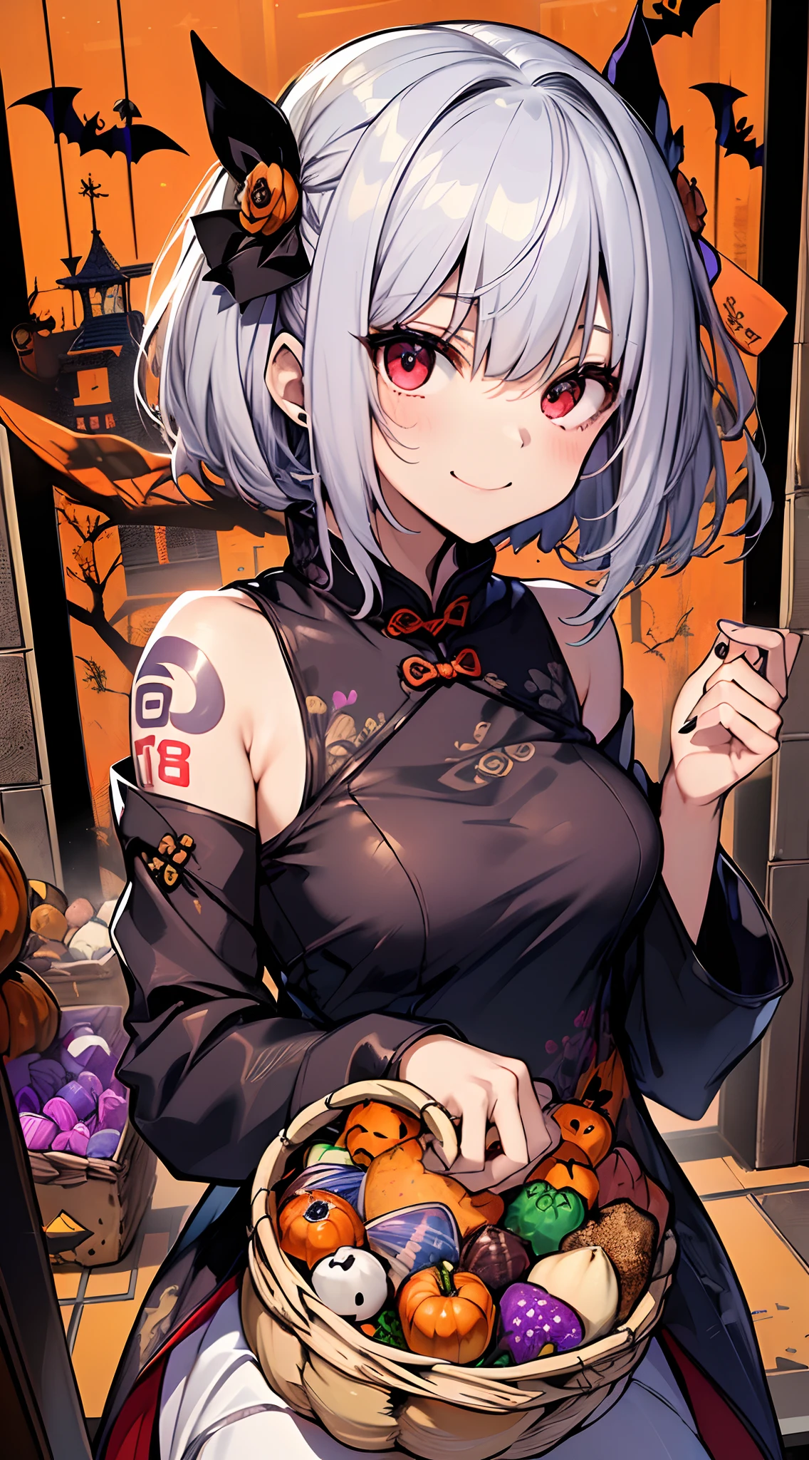 top-quality、Top image quality、in 8K,4K,masterpiece、(NSFW:1.1)、ultra-detailliert、Beautiful、ultra-quality、adult-like、Cool、girl with(((18year old、Halloween Costumes、Cheongsam 1:6、Put sweets in the basket、Bust 78、silber hair、a short bob、Red Eyes、erotick:1.4、Happiness、The tattoo)))、hiquality、visualart、Background with((Halloween 1.5))、masutepiece