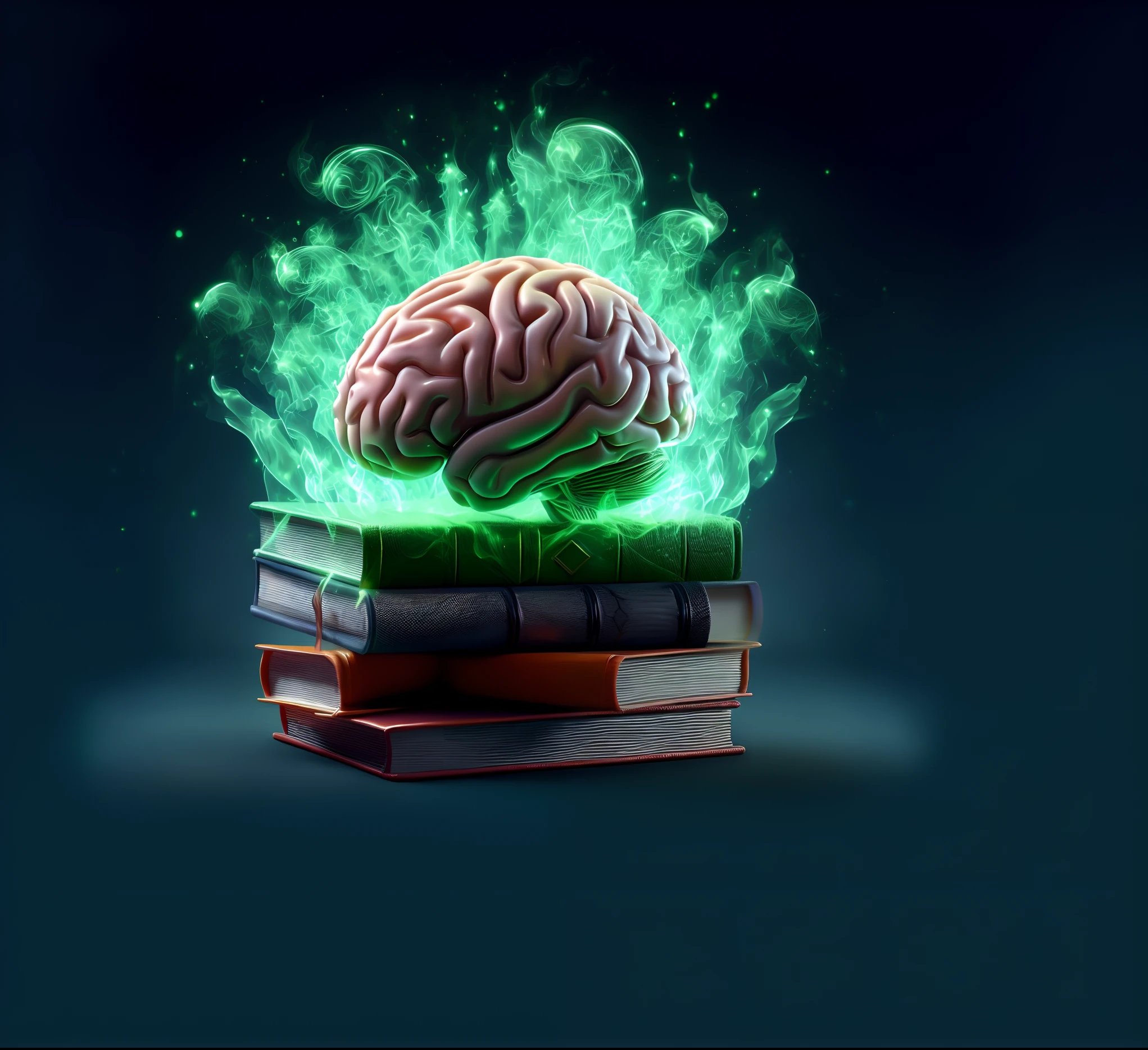 A brain in books with green flames, The flames ripple and glow around the brain.The Brain and Books Stand Out in 3D.