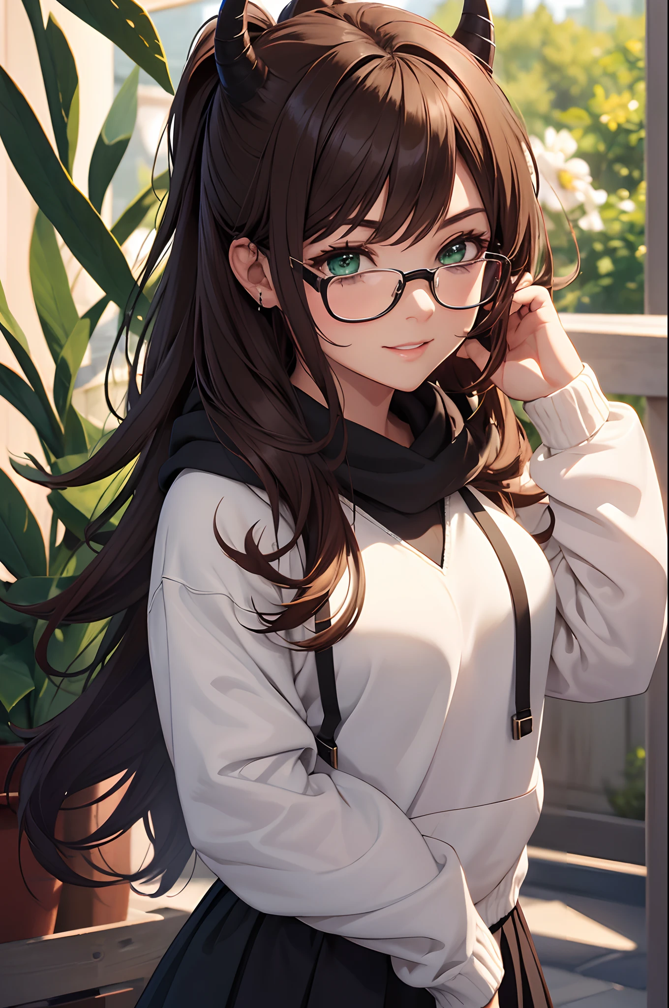 (best quality:1.2,8k,highres,masterpiece:1.2),1girl,solo,brown hair,beautiful detailed smile,green eyes,vivid colors,high quality artstyle,ultra-detailed,realistic:1.37,quality shadows,HDR,ultra-fine painting,long eyelashes,professional,ponytail, hoodie,black skirt,devil horns,holding cherry, black glasses