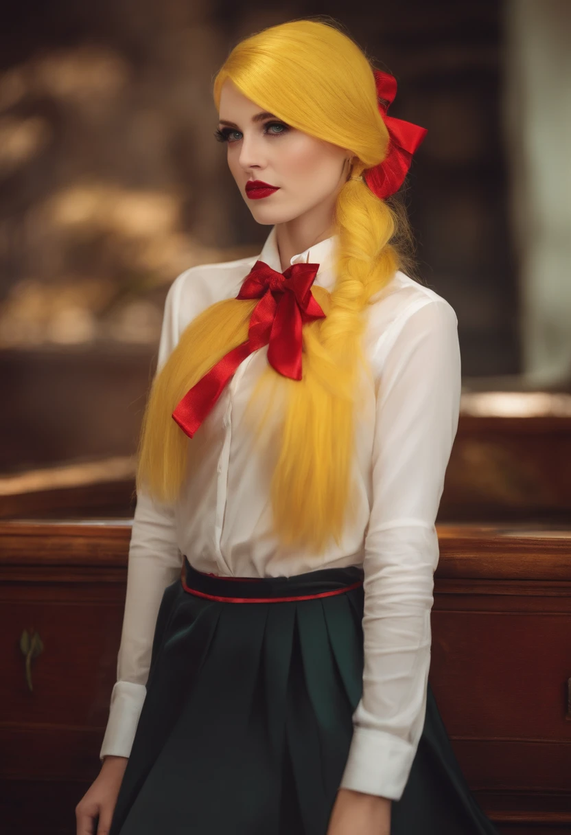 Yellow hair, yellow eyes, white shirt, red bow and skirt