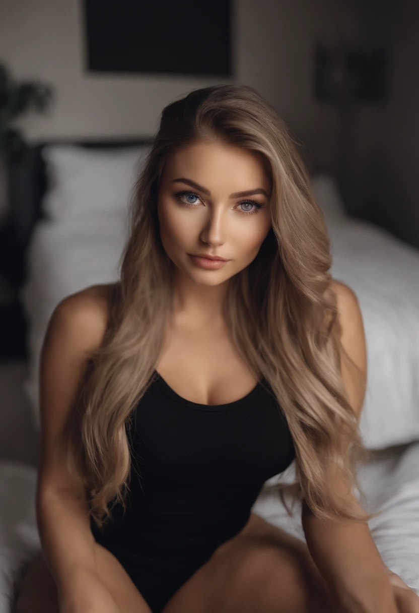 Arafed woman completely , fille sexy aux yeux bleus, ultra realist, Meticulously detailed, Portrait Sophie Mudd, cheveux blonds et grands yeux, selfie of a young woman, Yeux de chambre, Violet Myers, sans maquillage, maquillage naturel, looking straight at camera, Visage avec Artgram, Maquillage subtil, Great photo of the whole body kneeling on the bed, dans la chambre, Medium to large bust, nue, photo in bed