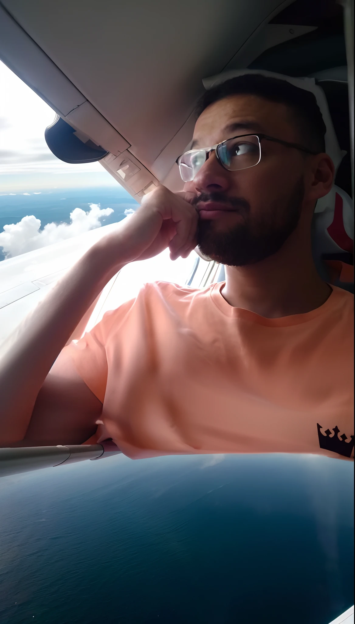 ((master part, melhor qualidade, extremely high-resolution)), Realistic Airplane window with landscape of clouds and view part of the wing of the airplane, imagem de qualidade muito alta, High quality video, Cinematic lighting, 16k, UHD, master part, best quality, Tall and interior details of an airplane