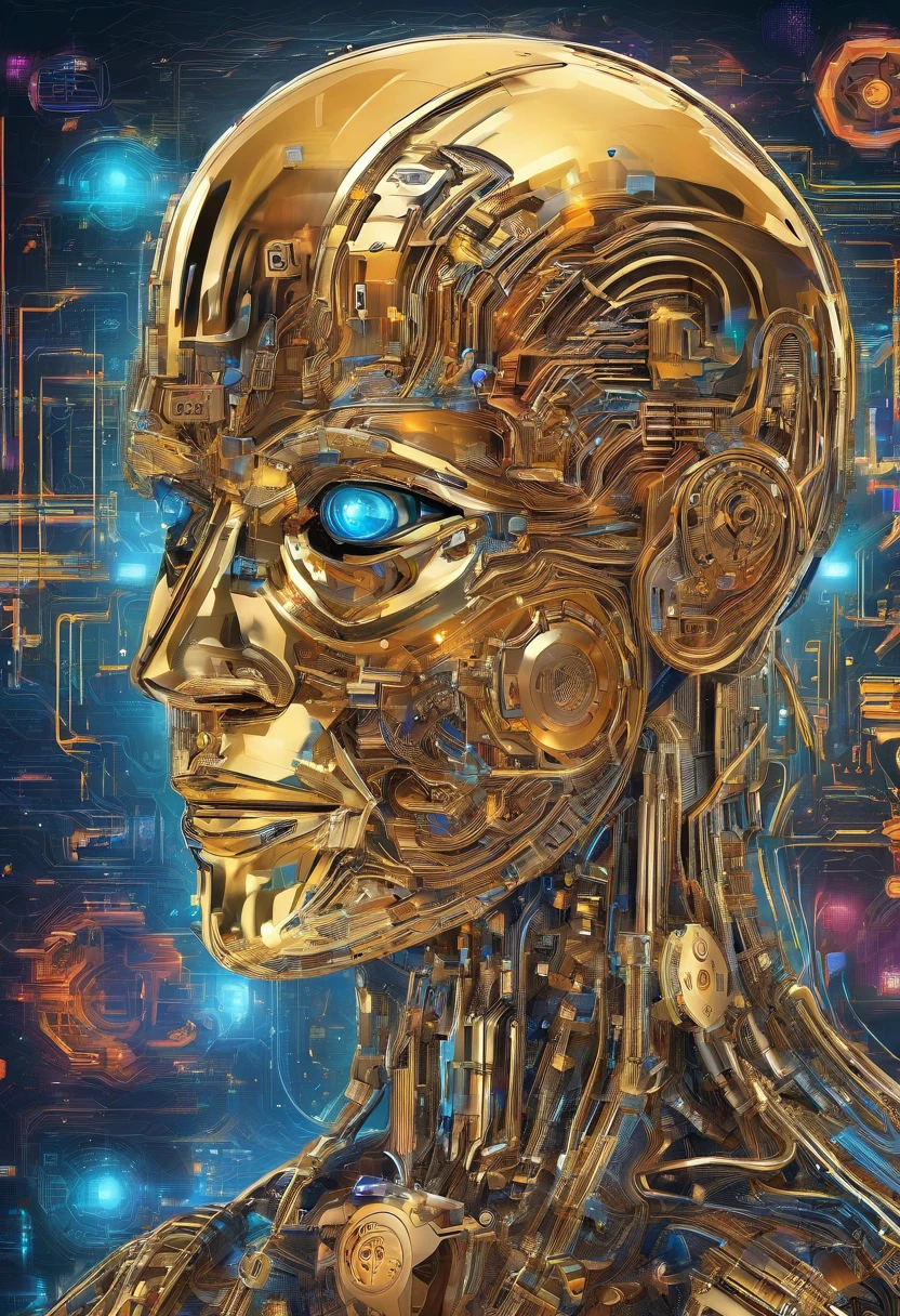 Imagine a golden cybernetic man with a transparent body that allows you to see the internal organs, His head displays a machine in place of his brain with the iconic Bitcoin symbol. He is sitting in the middle of a computer network and writes bitcoin cryptographic codes on a large computer, an intricate image, altamente realista e futurista, Rich in detail in ultra-high 8K quality, 4K in photo resolution