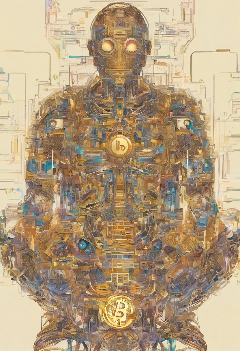 Imagine a golden cybernetic man with a transparent body that allows you to see the internal organs, His head displays a machine in place of his brain with the iconic Bitcoin symbol. He is sitting in the middle of a computer network and writes bitcoin cryptographic codes on a large computer, an intricate image, altamente realista e futurista, Rich in detail in ultra-high 8K quality, 4K in photo resolution
