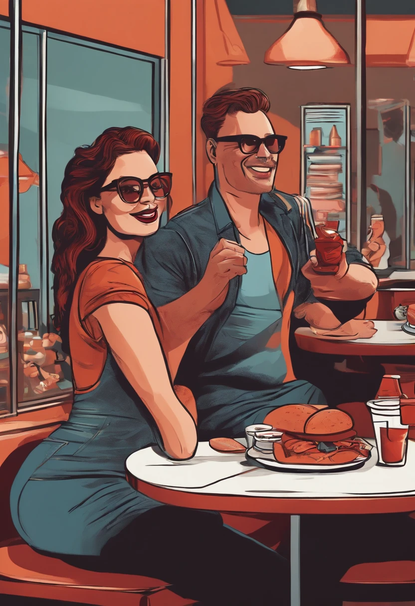 Girl of approximately 35 years old, super fat in the cafeteria, with a tight t-shirt and dirty with ketchup, with big teeth and very strange glasses. Staring at the camera. the boyfriend and the friend behind