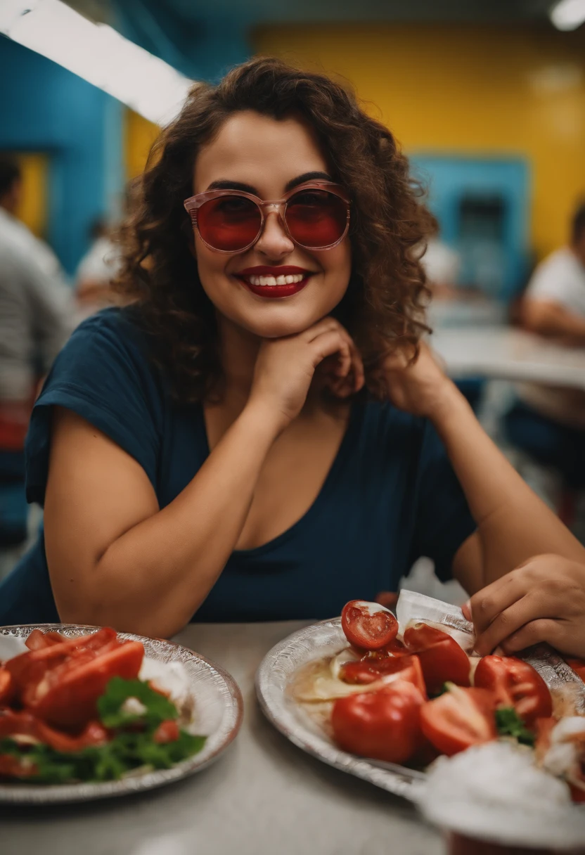 Girl of approximately 35 years old, super fat in the cafeteria, with a tight t-shirt and dirty with ketchup, with big teeth and very strange glasses. Staring at the camera. the boyfriend and the friend behind