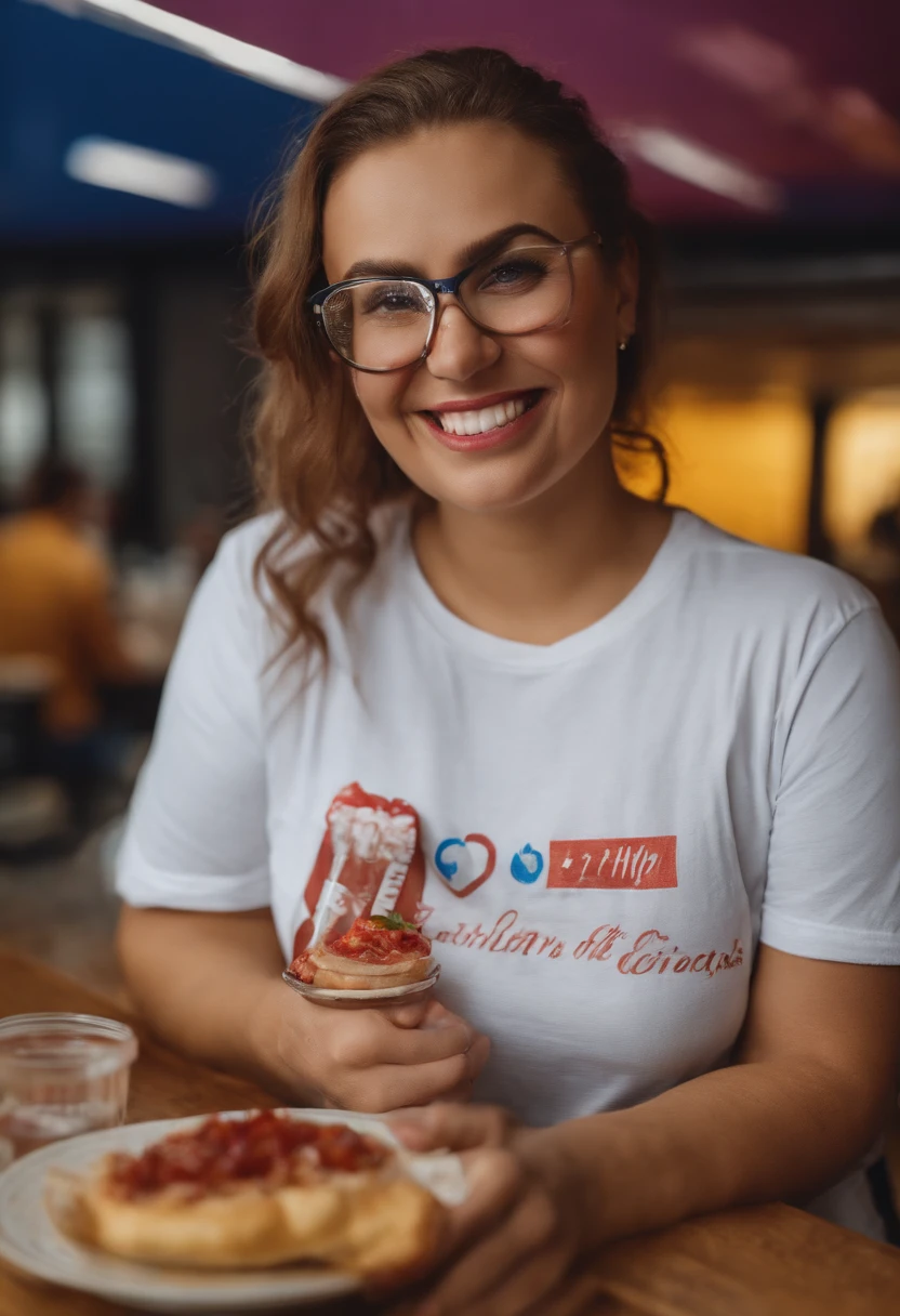 Girl of approximately 35 years old, super fat in the cafeteria, with a tight t-shirt and dirty with ketchup, with big teeth and very strange glasses. Staring at the camera. the boyfriend and the friend behind