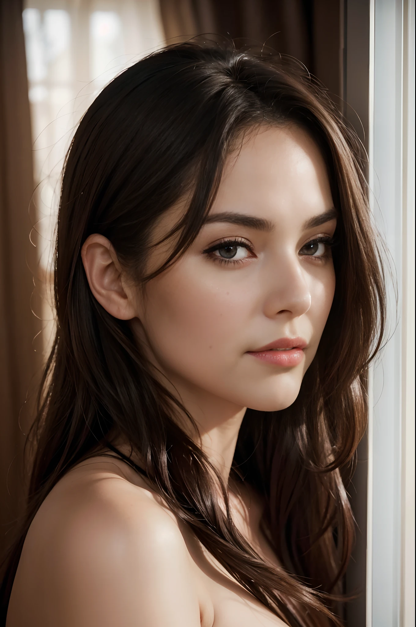 highly detailed, realistic and sexy 28 yo woman looking out of a window in a luxury hotel room, by artgerm lau, hyperrealistic, beautiful skin, detailed hair, symmetrical face with wide eyes and long eyelashes, soft lighting with luxurious red curtains behind her, (8k), trending on artstation