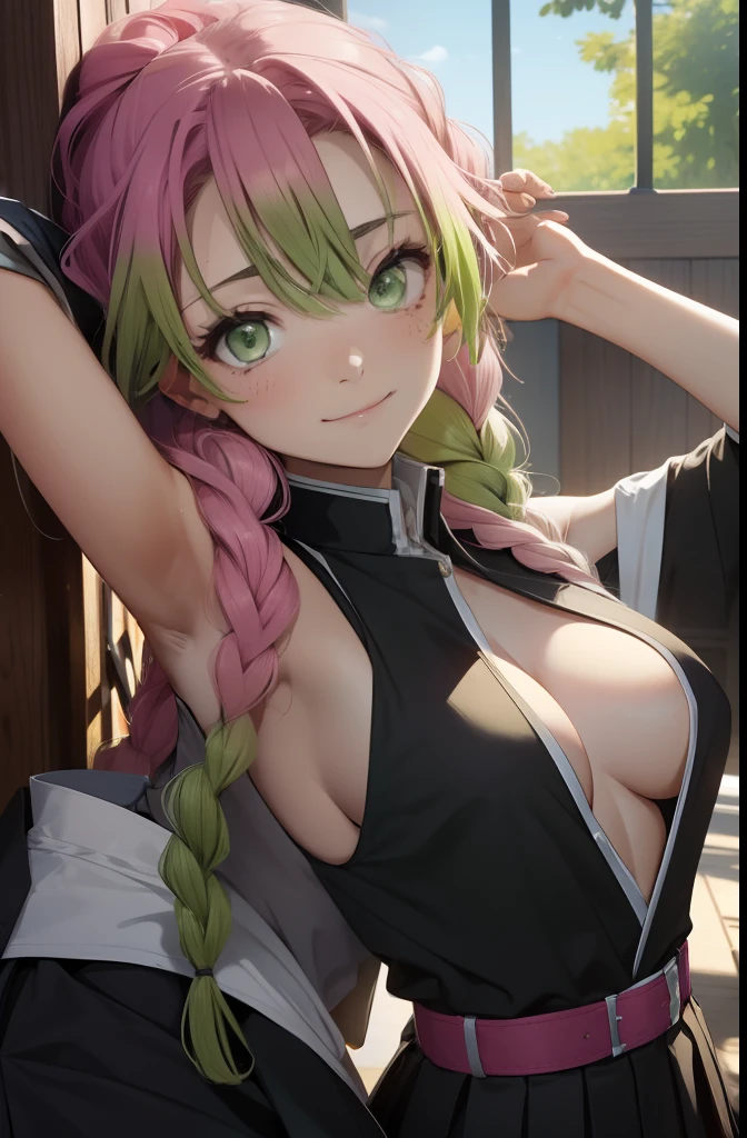 Mitsurikan Log, mitsuri kanroji, braid, Gradient Hair, (Green eyes:1.5), Green hair, Long hair, Mole,  Mole under the eyes, multicolored hair, Pink hair, Twin braids, Two-tone hair,
Brake belt, Black skirt, cleavage, coat, demon slayer uniform, haori, Komono, Long sleeves, Miniskirt,  partially unbuttoned, Pleated skirt, Skirt, uniform,
BREAK looking at viewer,
Break indoors,
BREAK (masutepiece:1.2), Best Quality, High resolution, Unity 8k壁纸, (Illustration:0.8), (Beautiful detailed eyes:1.6), extra detailed face, Perfect Lighting, extremely details CG, (Perfect hands, Perfect Anatomy),colourful hair, The whole body is reflected, (Off-the-shoulder costumes:1.5), ((chest wide open and exposed)), (Smile),