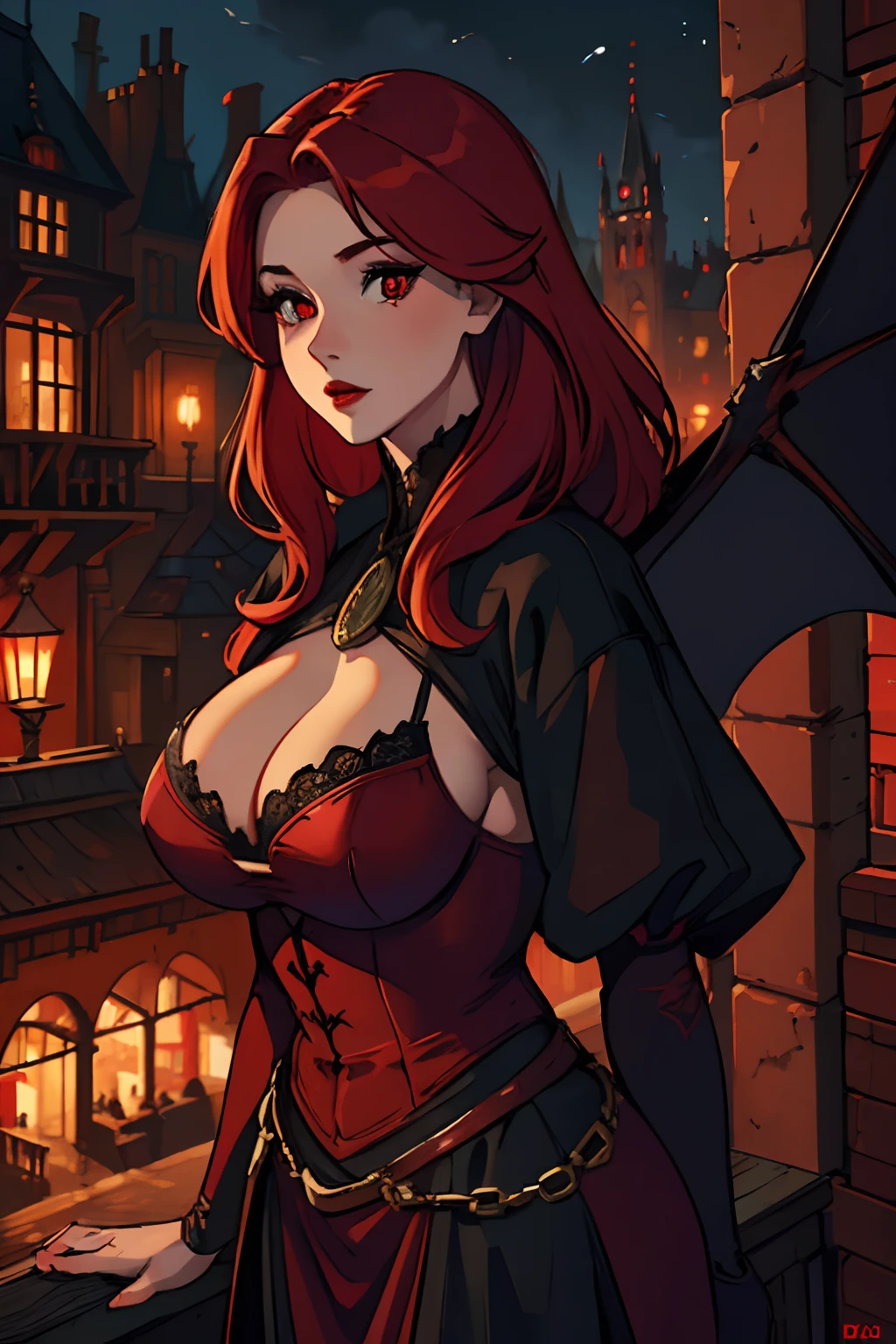(best quality,highres,ultra-detailed),beautiful detailed red hair,beautiful detailed red eyes,beautiful detailed red lips,large bat wings,medieval attire,revealing clothing,city,night,scary,big breasts,medieval cityscape