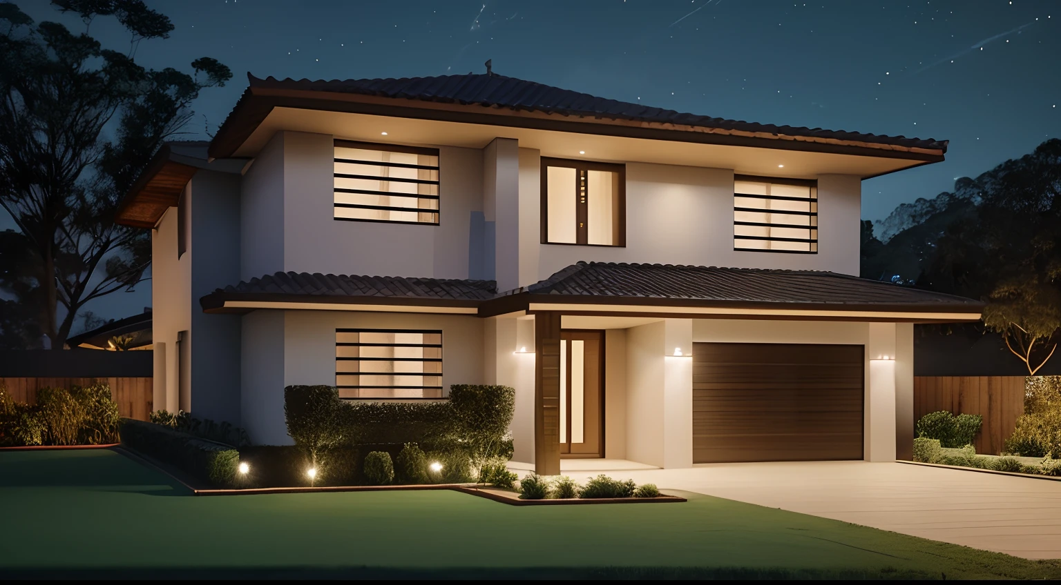 Casa grande no campo, ((estilo moderno)), no meio da floresta, rodeada de campo gramado, melhor qualidade, Lumion Pro rendering, night ligthning, cinematic quality.