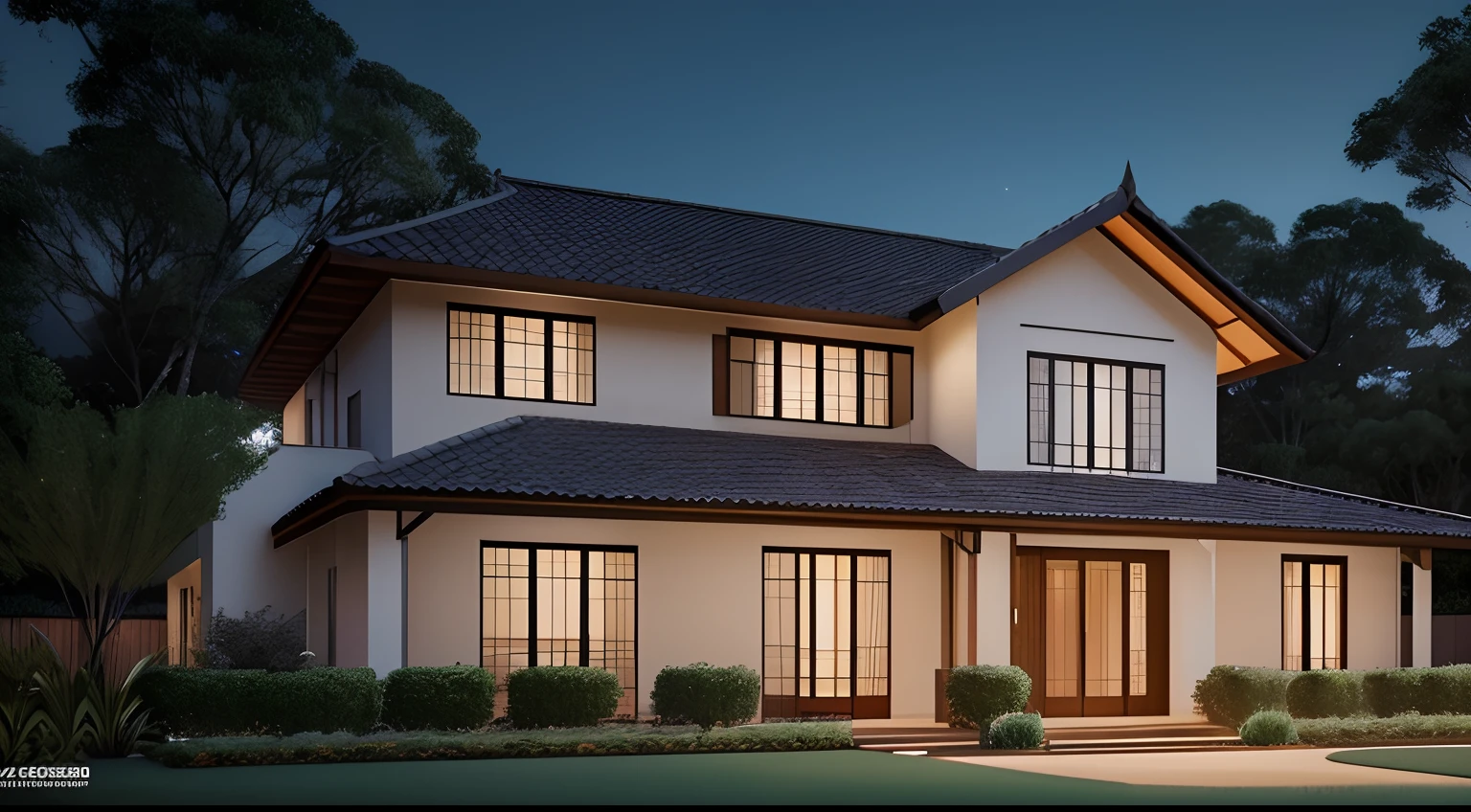 Casa grande no campo, ((estilo moderno)), no meio da floresta, rodeada de campo gramado, melhor qualidade, Lumion Pro rendering, night ligthning, cinematic quality.