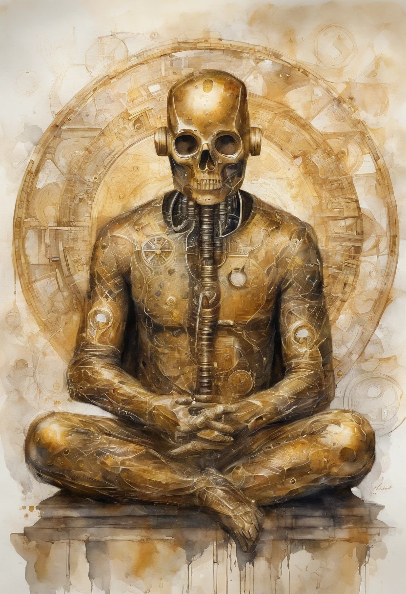 Imagine a golden cybernetic man with a transparent body that allows you to see the internal organs, His head displays a machine in place of his brain with the iconic Bitcoin symbol. He is sitting in the middle of a computer network and writes bitcoin cryptographic codes on a large computer, an intricate image, altamente realista e futurista, Rich in detail in ultra-high 8K quality, 4K in photo resolution