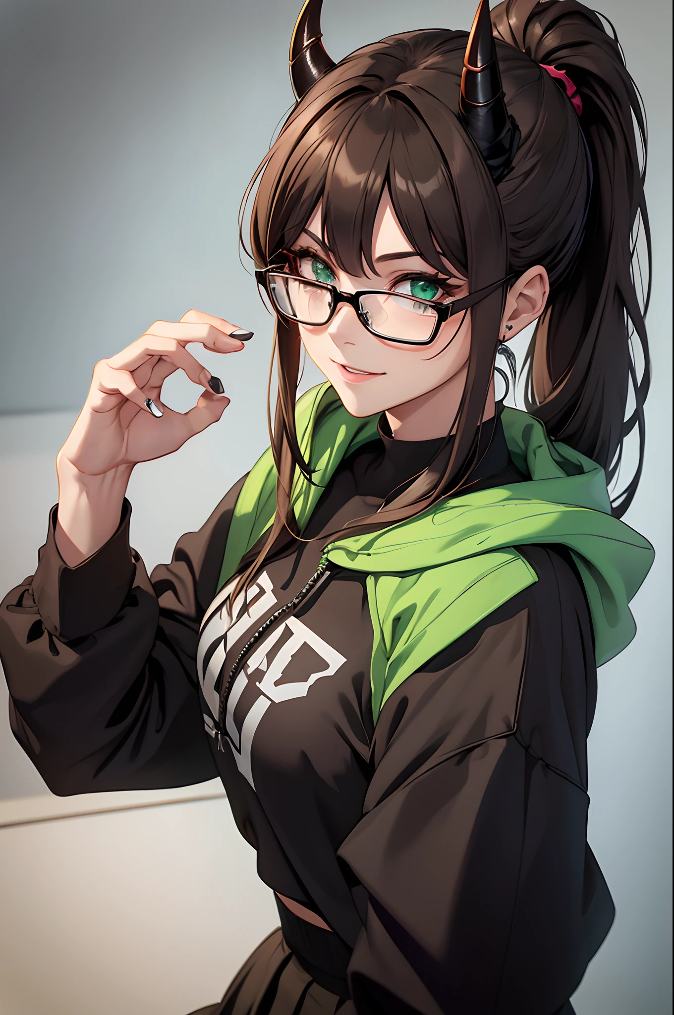 (best quality:1.2,8k,highres,masterpiece:1.2),1girl,solo,brown hair,beautiful detailed smile,green eyes,vivid colors,high quality artstyle,ultra-detailed,realistic:1.37,quality shadows,HDR,ultra-fine painting,long eyelashes,professional,ponytail,blacl hoodie with metal band,black skirt,devil horns, black glasses
