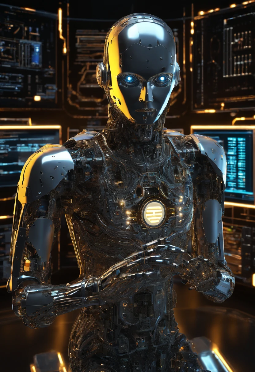 Imagine a golden cybernetic man with a transparent body that allows you to see the internal organs, His head displays a machine in place of his brain with the iconic Bitcoin symbol. He is sitting in the middle of a computer network and writes bitcoin cryptographic codes on a large computer, an intricate image, altamente realista e futurista, Rich in detail in ultra-high 8K quality, 4K in photo resolution