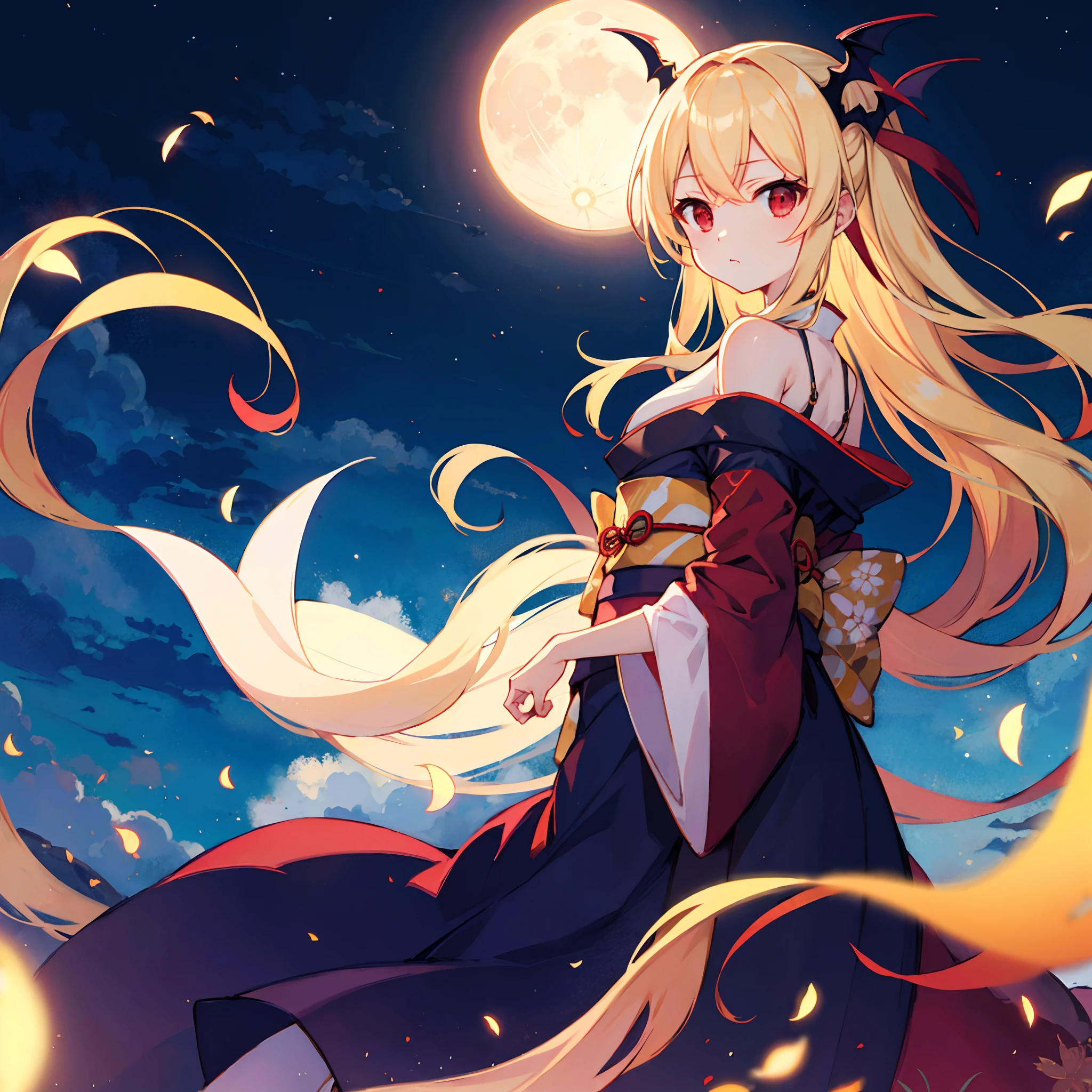 Wavy blonde、red eyes、One beautiful vampire girl、kimono、off shoulders、a moon、natta、mare