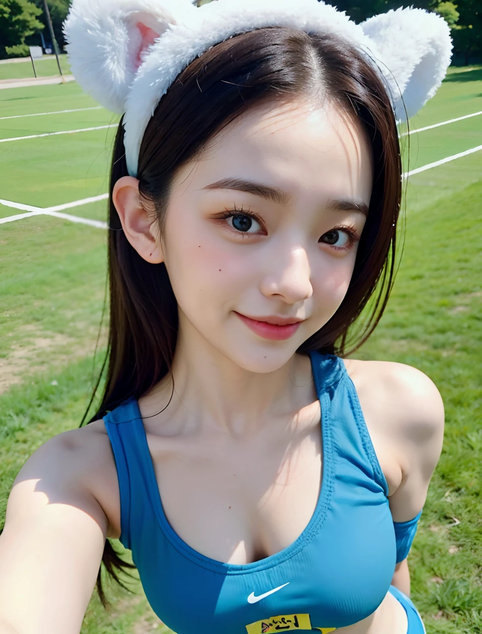 Standing Alafe、As if Lisa Simpson came back to life, leaked image, leaked photo, at instagram, dilraba dilmurat, ruan cute vtuber, cartoonish cute, Hannah Alisa Omale, Instagram, Larisa Manobal, eva elfie, katelynn mini cute style、huge-breasted、sensual breasts、Sensual body、Glaring eyes、short-cut、Rabbit ear headband、Ground angle、fully body photo、Beautiful feet、Smiling、The background is a fantasy world、Wearing gym clothes、Enlarge the angle、
