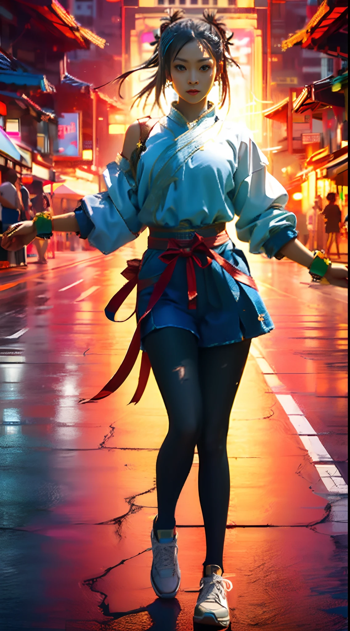 Chun-Li, Denim shorts, black pantyhose, sneakers