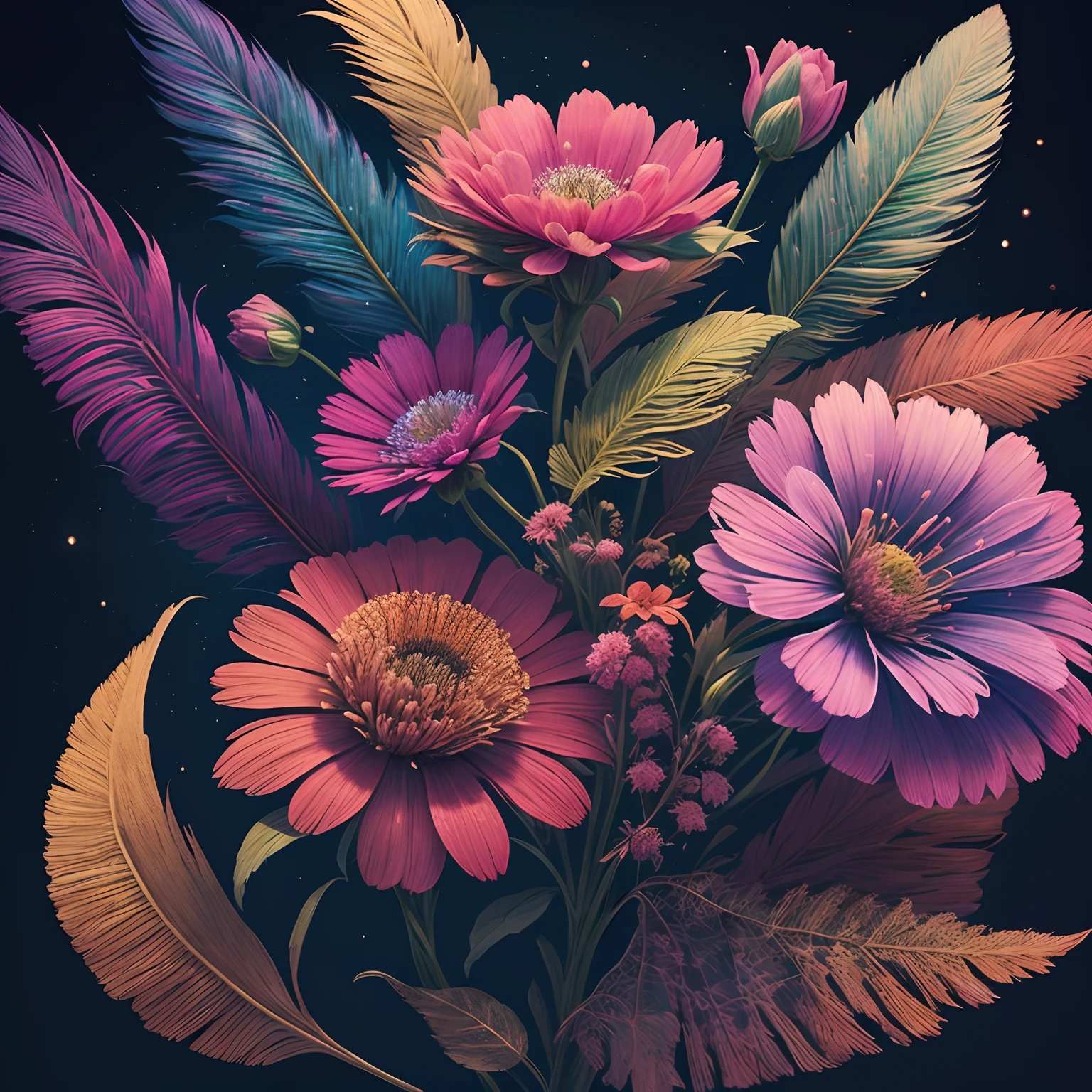 Realistic Flower Cosmos:1.5,Beautiful feathers:1.3,top-quality,Best Quality,Beautiful and mysterious flowers,Extremely detailed,Fractal Art:1.3,Colorful:1.4,highest details,Zentangle:1.2,Dynamic,Abstract background:1.3