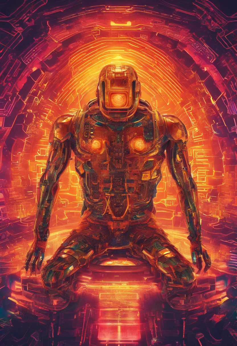 Imagine a golden cybernetic man with a transparent body that allows you to see the internal organs, His head displays a machine in place of his brain with the iconic Bitcoin symbol. He is sitting in the middle of a computer network and writes bitcoin cryptographic codes on a large computer, an intricate image, altamente realista e futurista, Rich in detail in ultra-high 8K quality, 4K in photo resolution